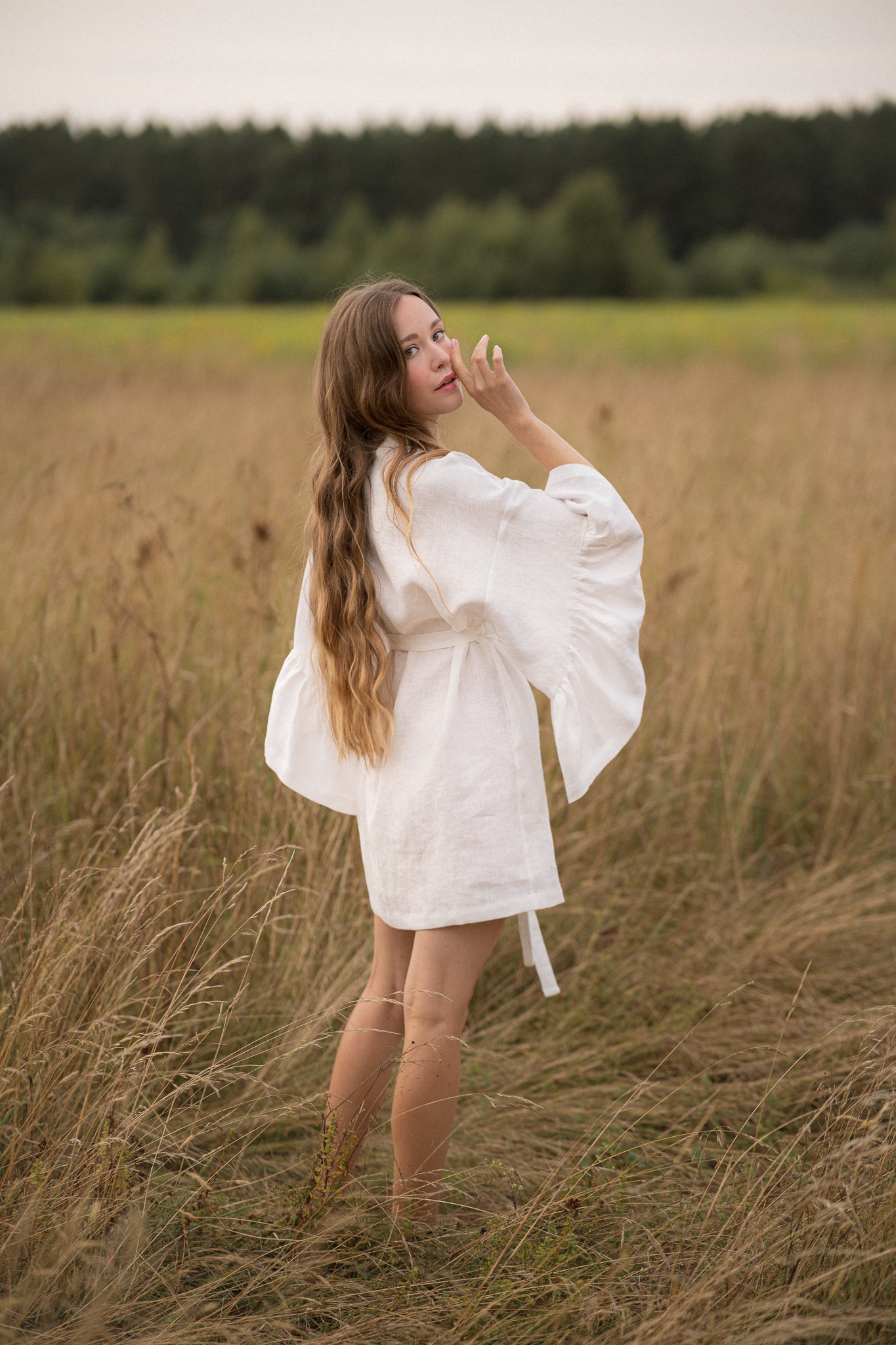 BELLE RUFFLE SLEEVE IVORY LINEN MINI ROBE