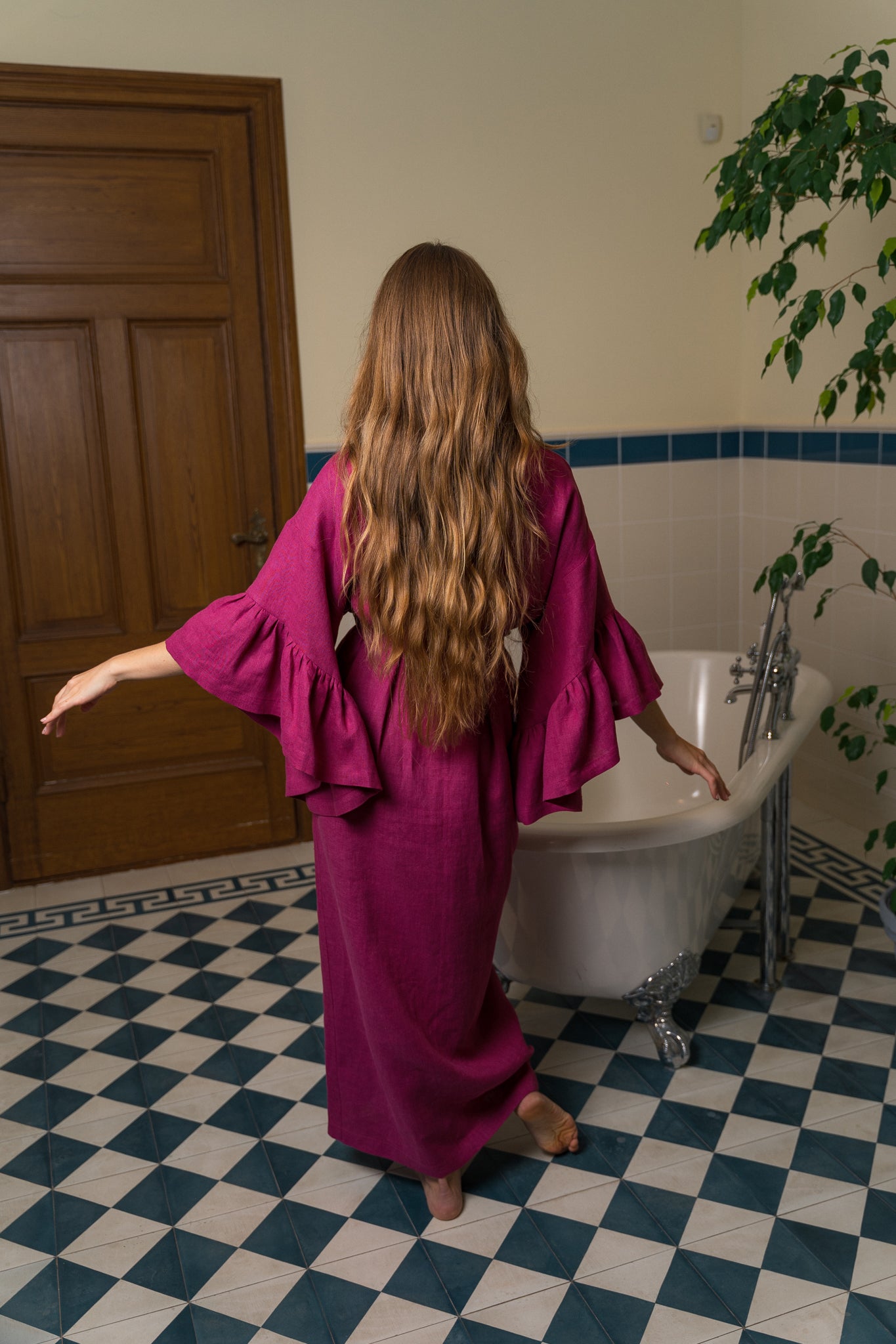 BELLE RUFFLE SLEEVE LINEN MAXI ROBE FUCHSIA