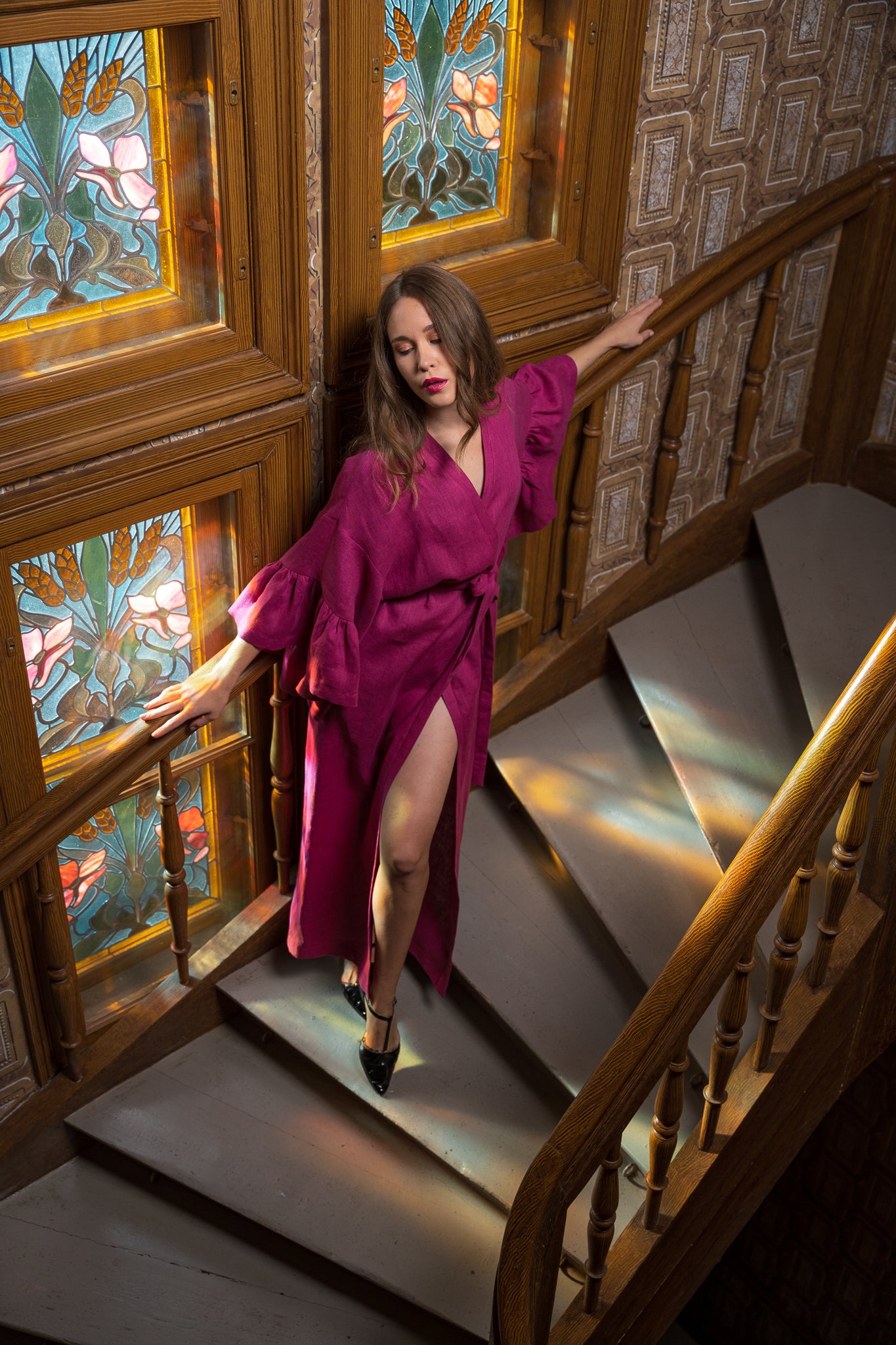 BELLE RUFFLE SLEEVE LINEN MAXI ROBE FUCHSIA