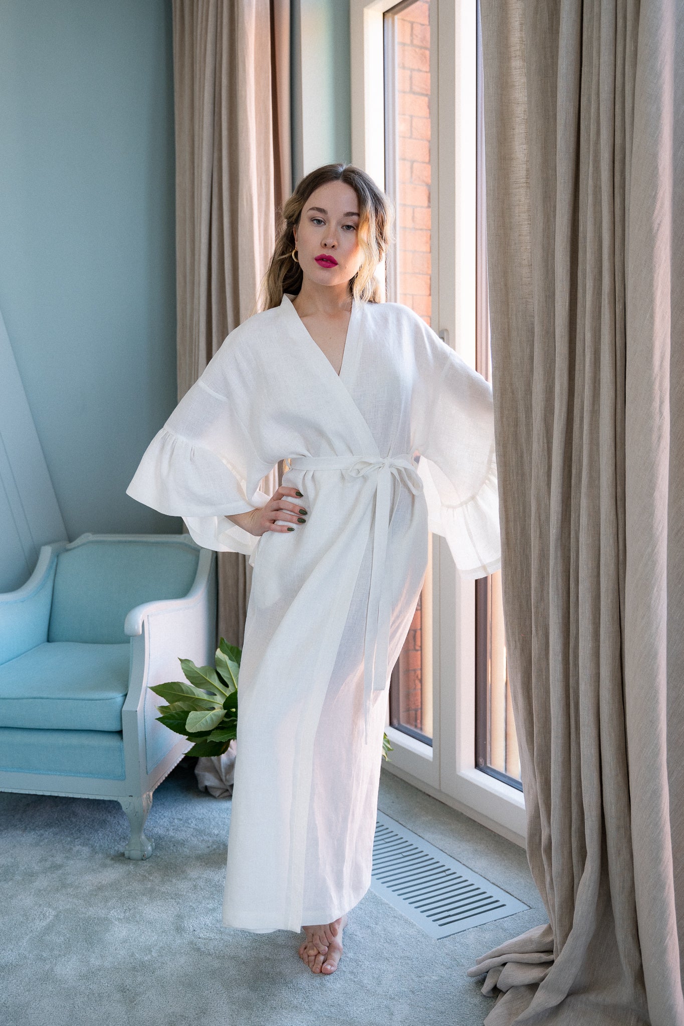 BELLE RUFFLE SLEEVE LINEN MAXI ROBE - IVORY