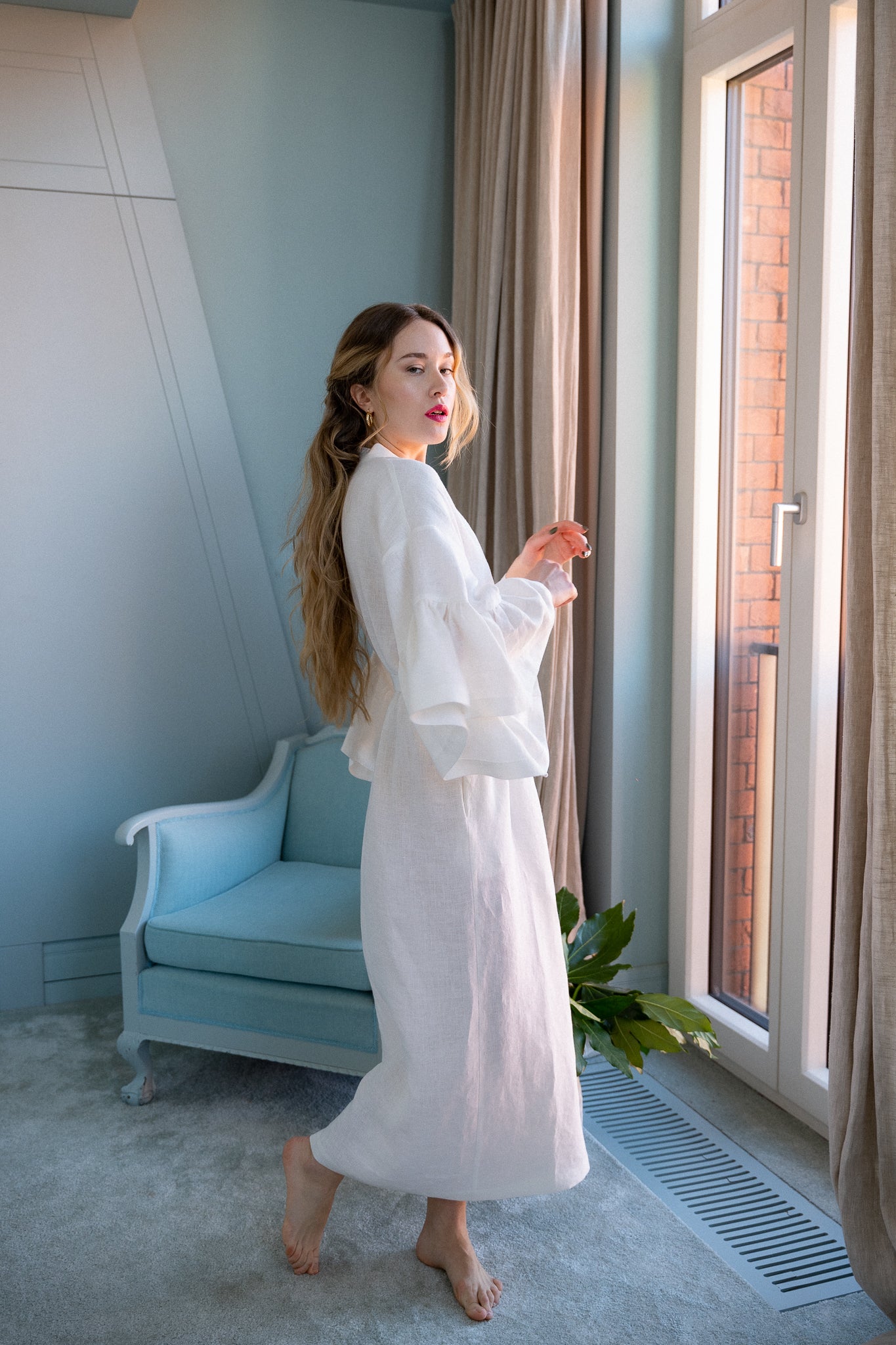 BELLE RUFFLE SLEEVE LINEN MAXI ROBE - IVORY