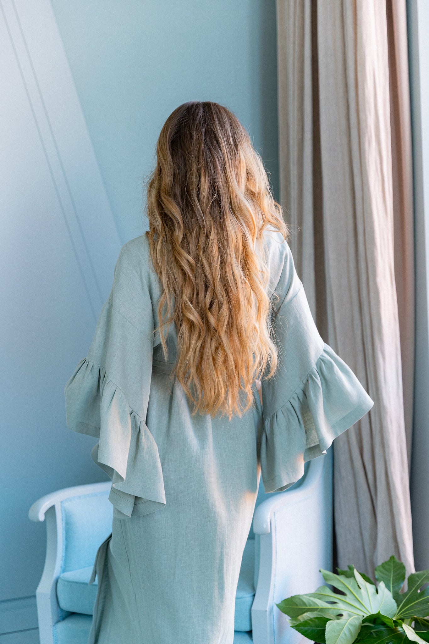 BELLE RUFFLE SLEEVE LINEN MAXI ROBE - MINT GREEN