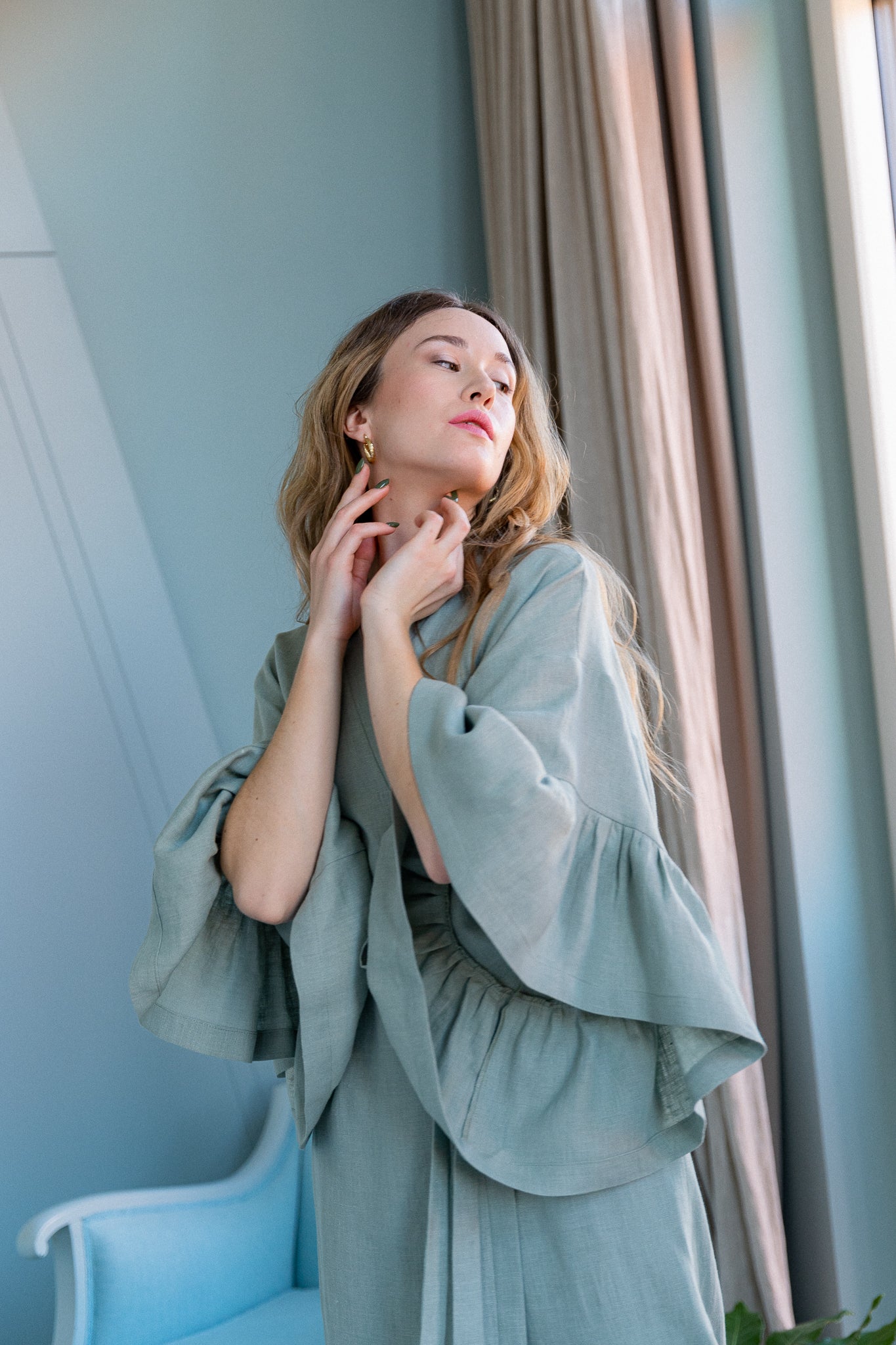 BELLE RUFFLE SLEEVE LINEN MAXI ROBE - MINT GREEN
