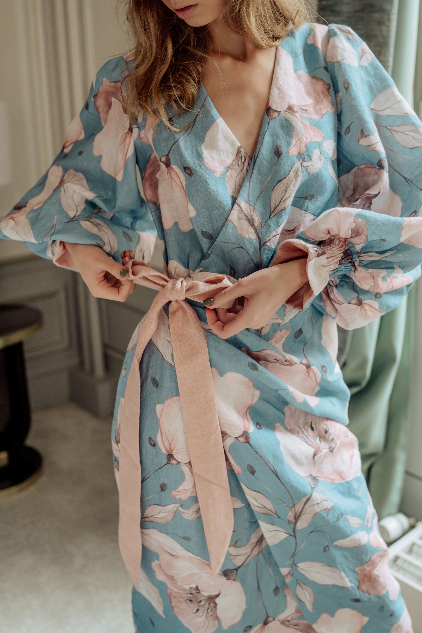Veronica floral print linen wrap dress
