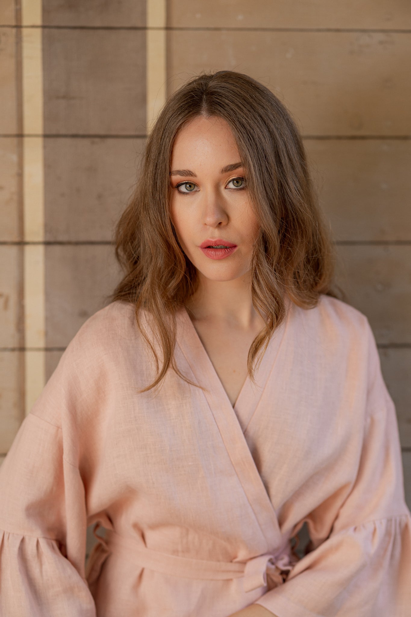 Elsa linen midi ruffle sleeve robe blush pink , ELSA RUFFLE SLEEVE LINEN MIDI ROBE - BLUSH PINK, PŪDERA ROZĀ LINA HALĀTS
