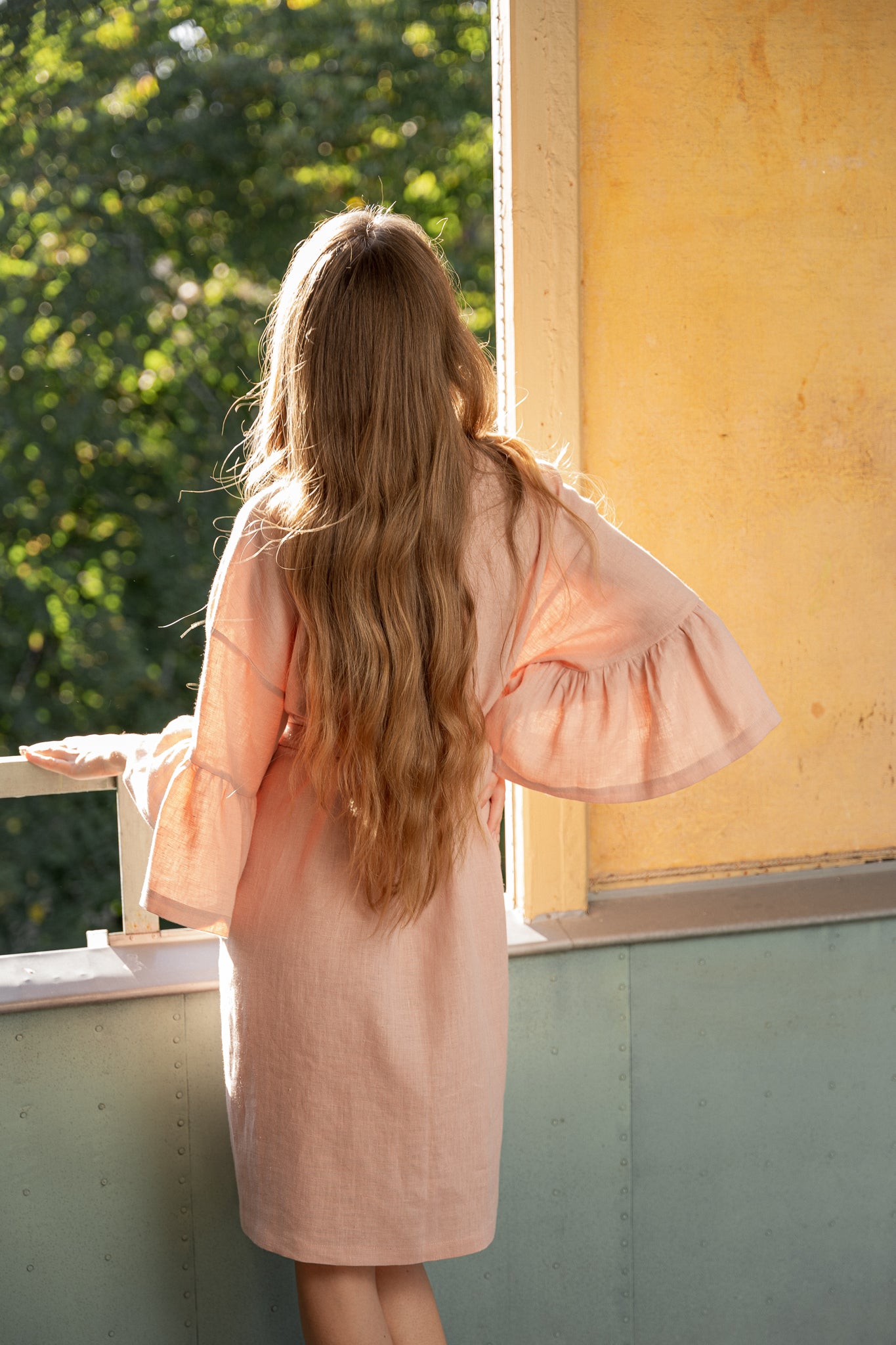 Elsa linen midi ruffle sleeve robe blush pink , ELSA RUFFLE SLEEVE LINEN MIDI ROBE - BLUSH PINK, PŪDERA ROZĀ LINA HALĀTS