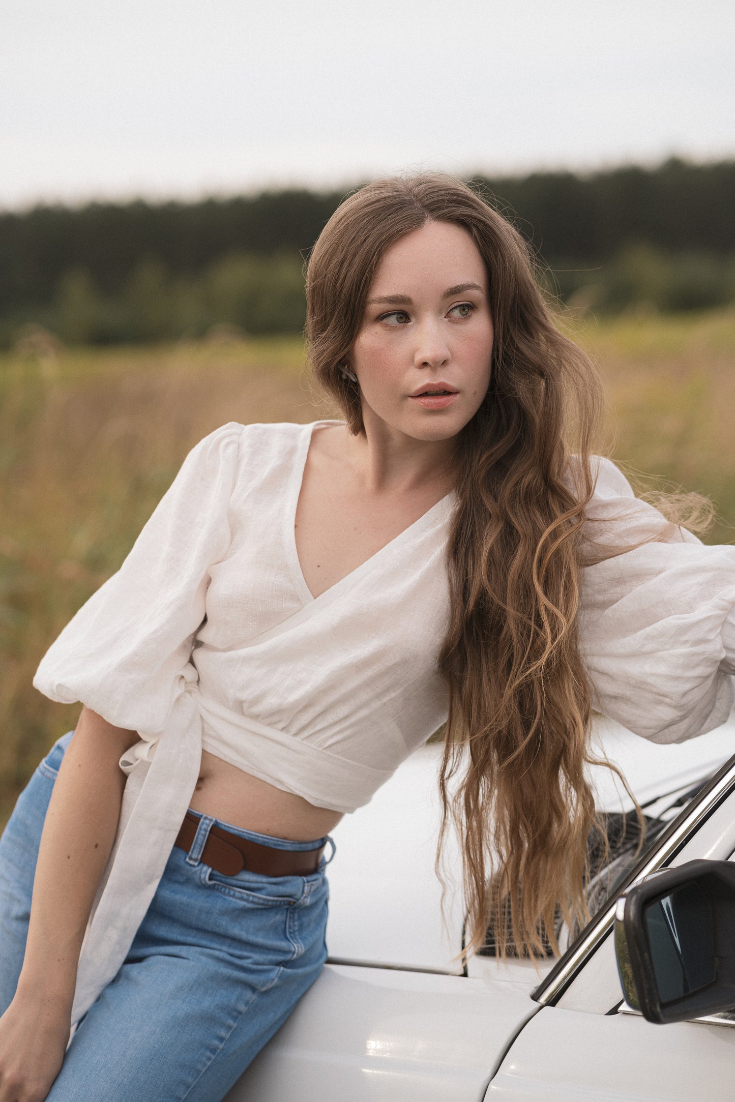 Lola balloon sleeve linen wrap top ivory