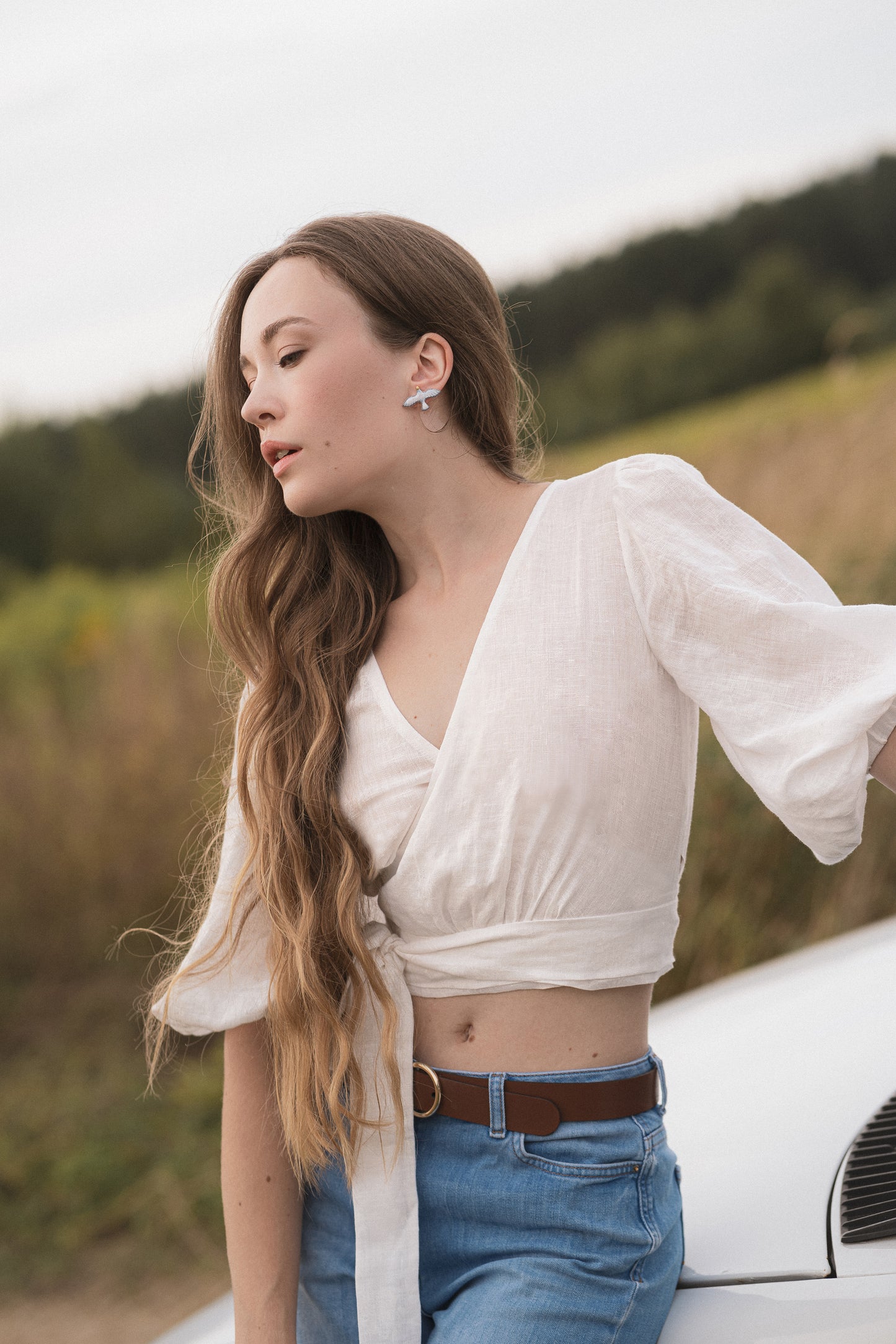 Lola balloon sleeve linen wrap top ivory