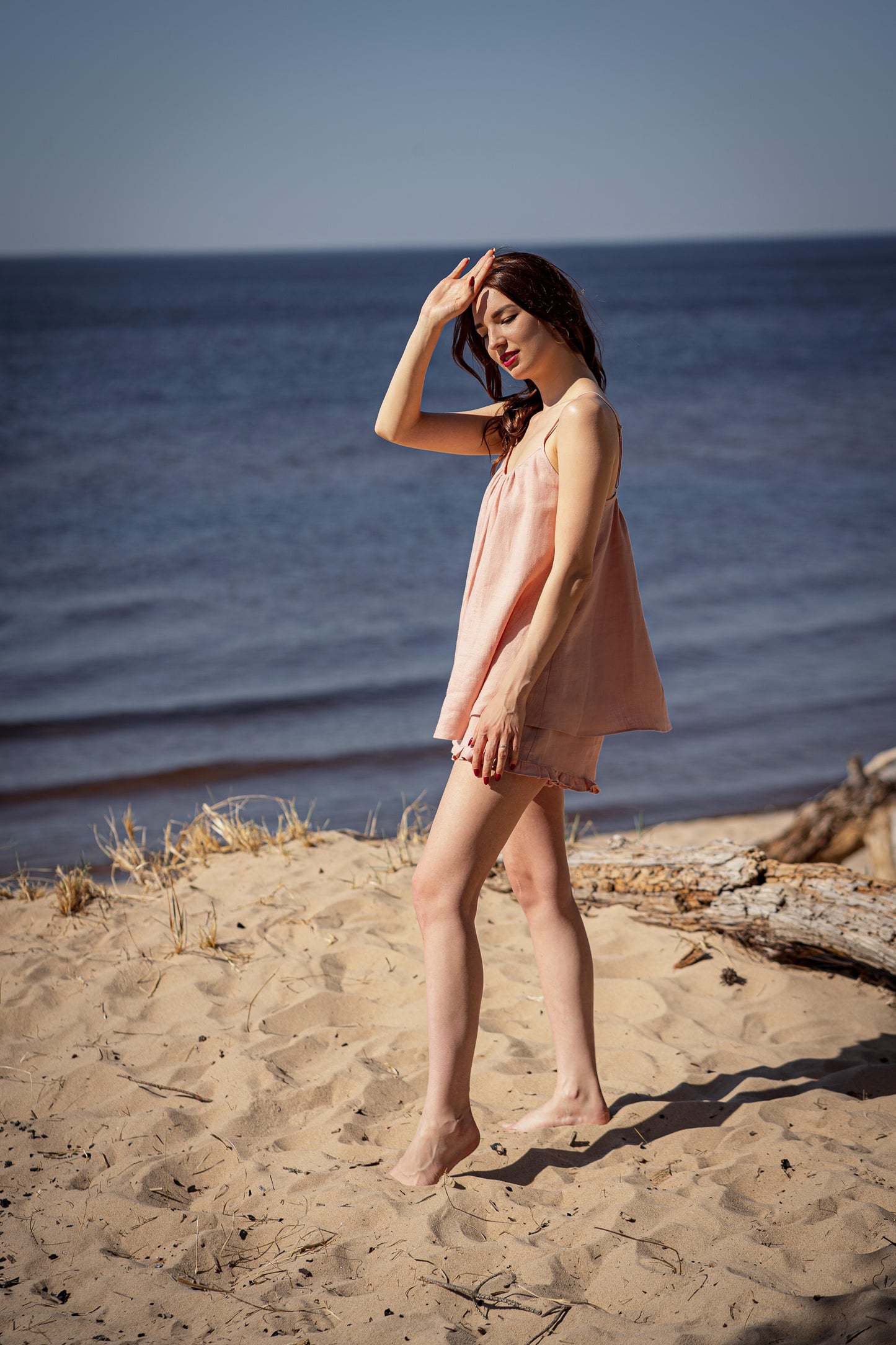 blush pink linen pyjama shorts set