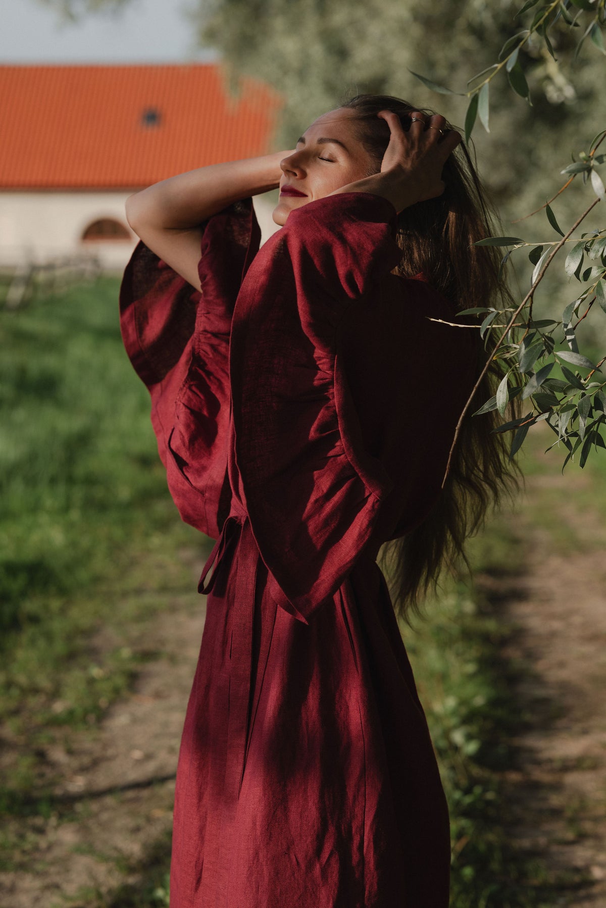 BELLE RUFFLE SLEEVE LINEN MAXI ROBE - BURGUNDY