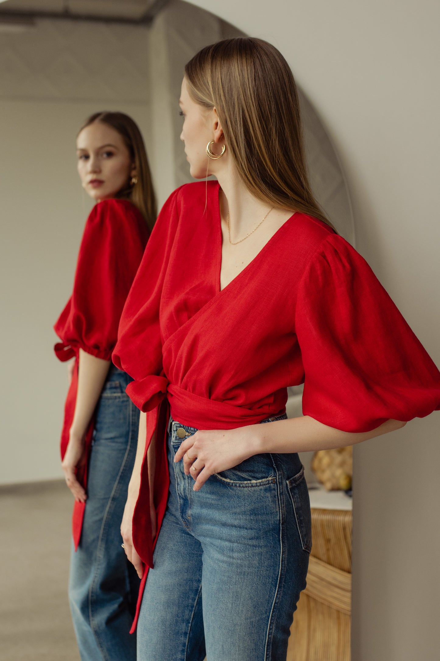 LOLA BALLOON SLEEVE WRAP BLOUSE - RED