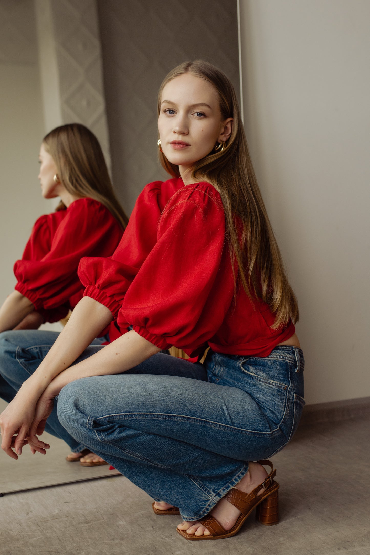 LOLA BALLOON SLEEVE WRAP BLOUSE - RED