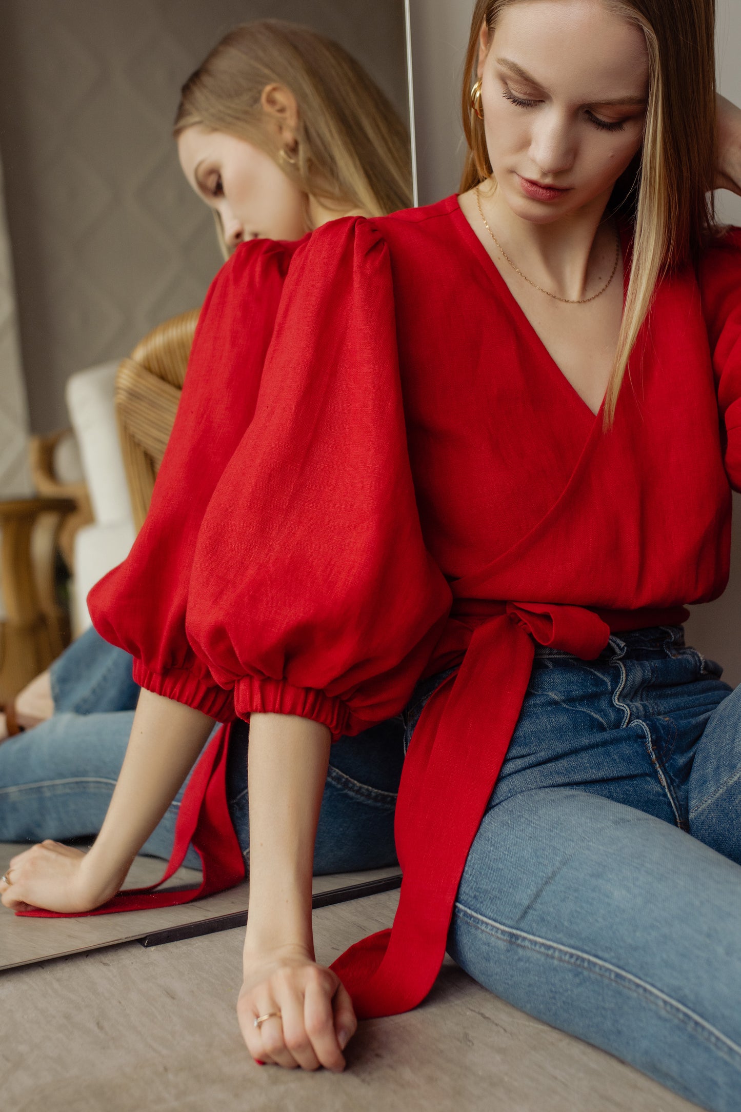 LOLA BALLOON SLEEVE WRAP BLOUSE - RED