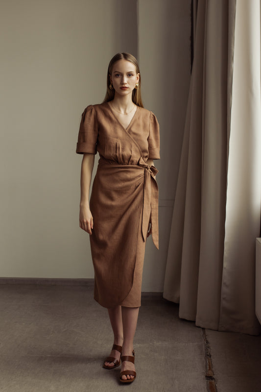 FLORA WRAP LINEN MIDI DRESS - COCOA, SASIENAMA LINA KLEITA