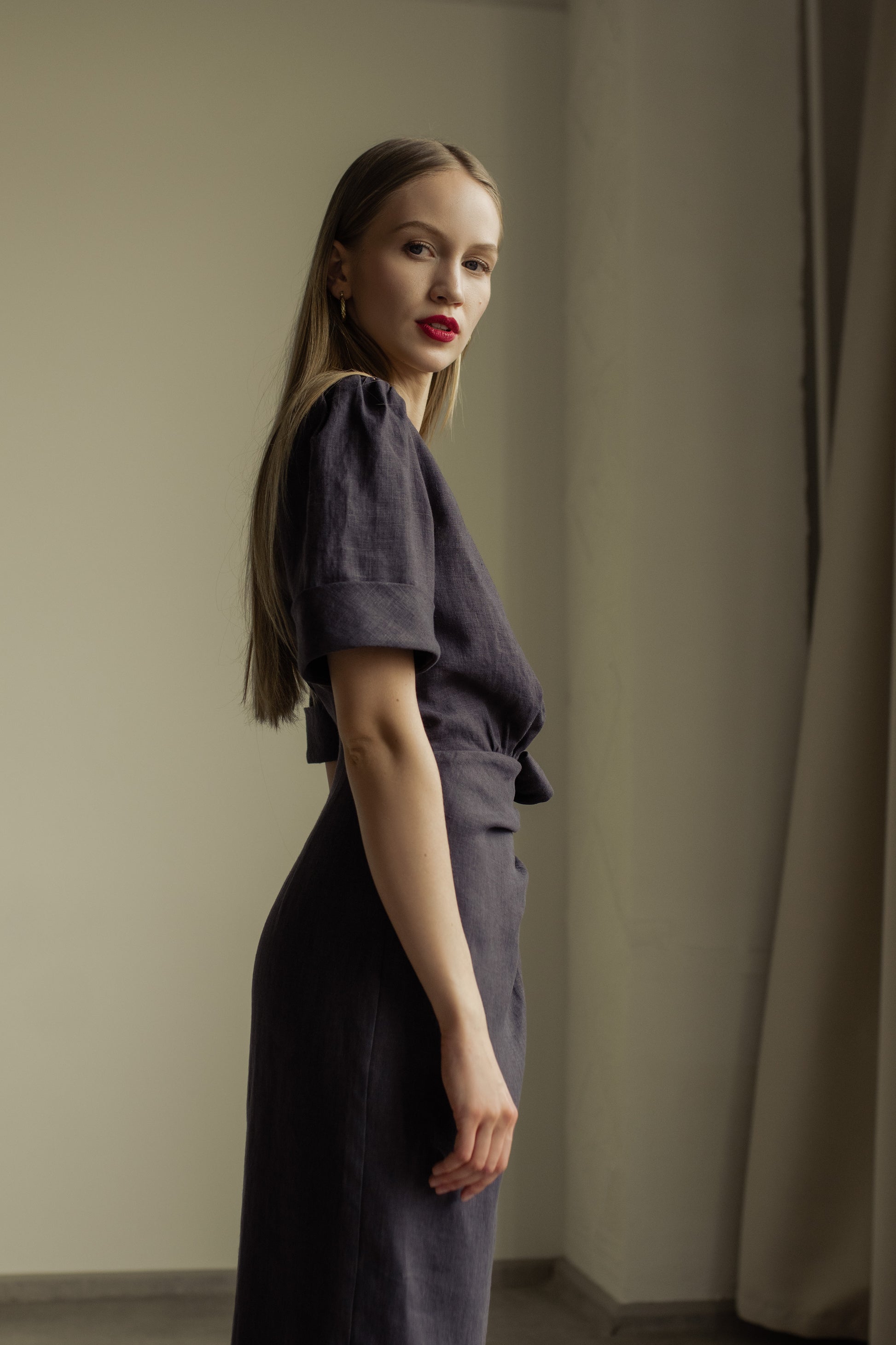FLORA WRAP LINEN MIDI DRESS - DARK GREY