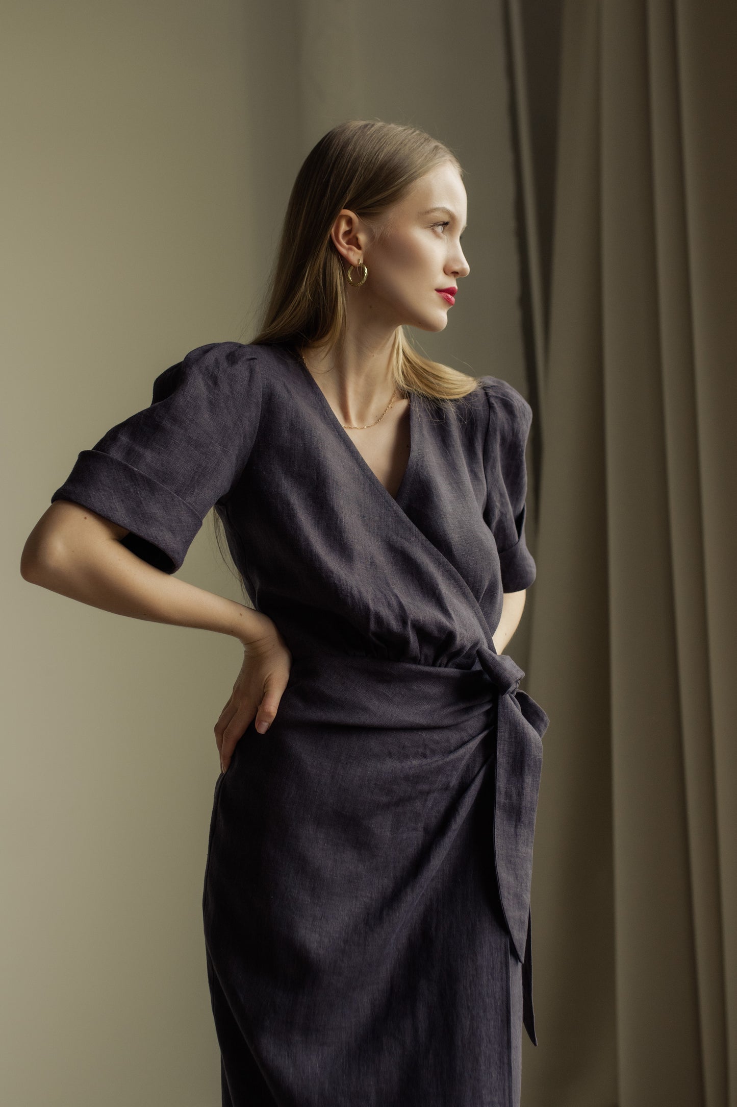 FLORA WRAP LINEN MIDI DRESS - DARK GREY