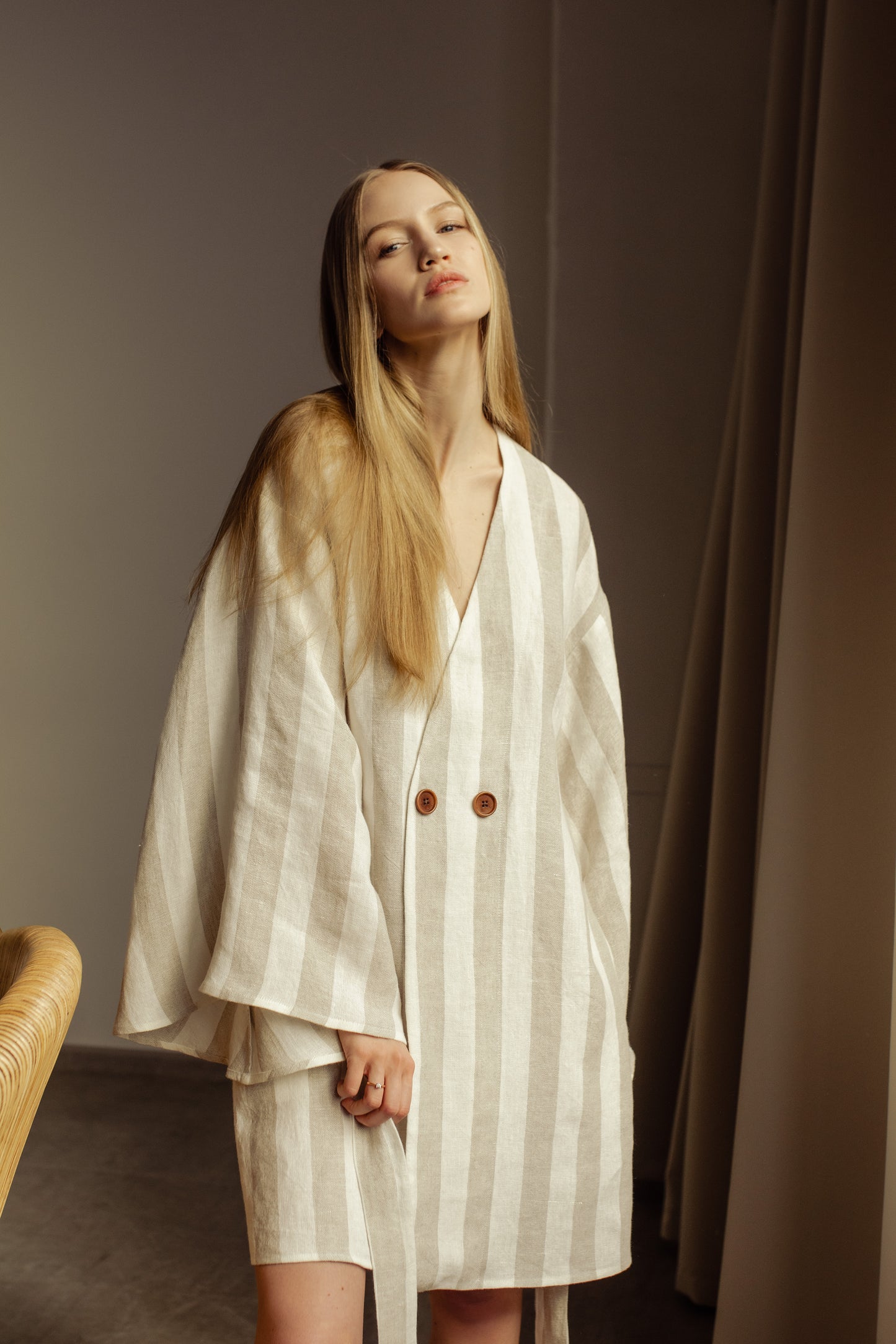 GRACE LINEN MINI ROBE WITH BUTTONS - STRIPE