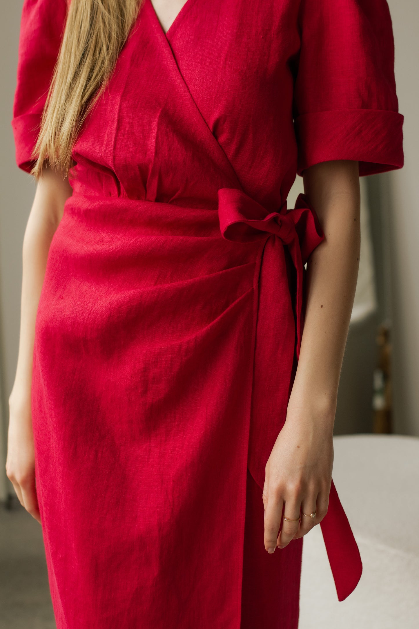 FLORA WRAP LINEN MIDI DRESS - HOT PINK