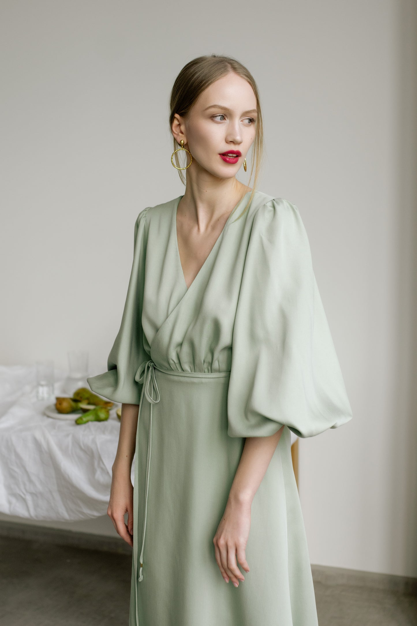 MELODIE BALLOON SLEEVE TENCEL MIDI WRAP DRESS - MINT GREEN