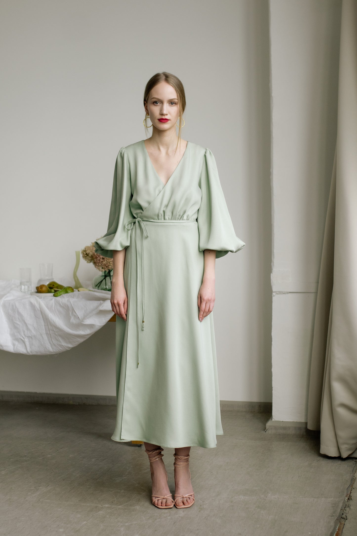 MELODIE BALLOON SLEEVE TENCEL MIDI WRAP DRESS - MINT GREEN