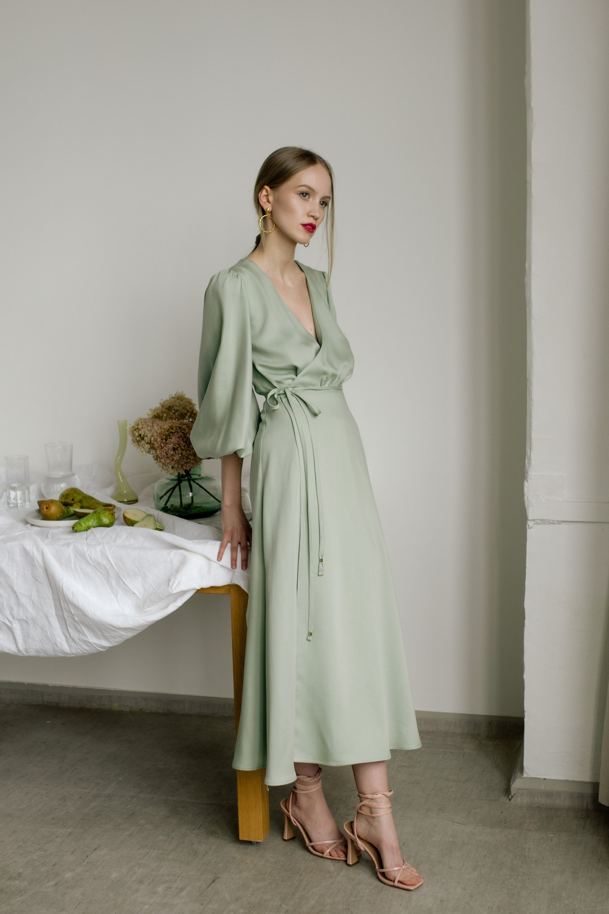 MELODIE BALLOON SLEEVE TENCEL MIDI WRAP DRESS - MINT GREEN Birds of Milla MELODIE BALLOON SLEEVE TENCEL MIDI WRAP DRESS - MINT GREEN Birds of Milla