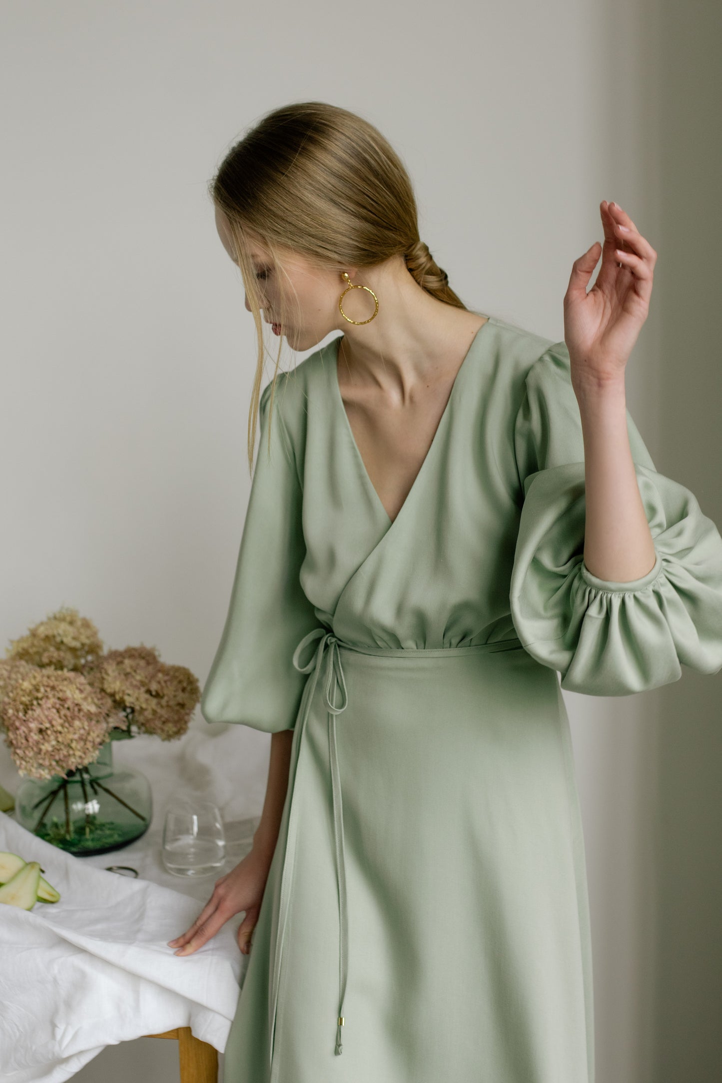 MELODIE BALLOON SLEEVE TENCEL MIDI WRAP DRESS - MINT GREEN