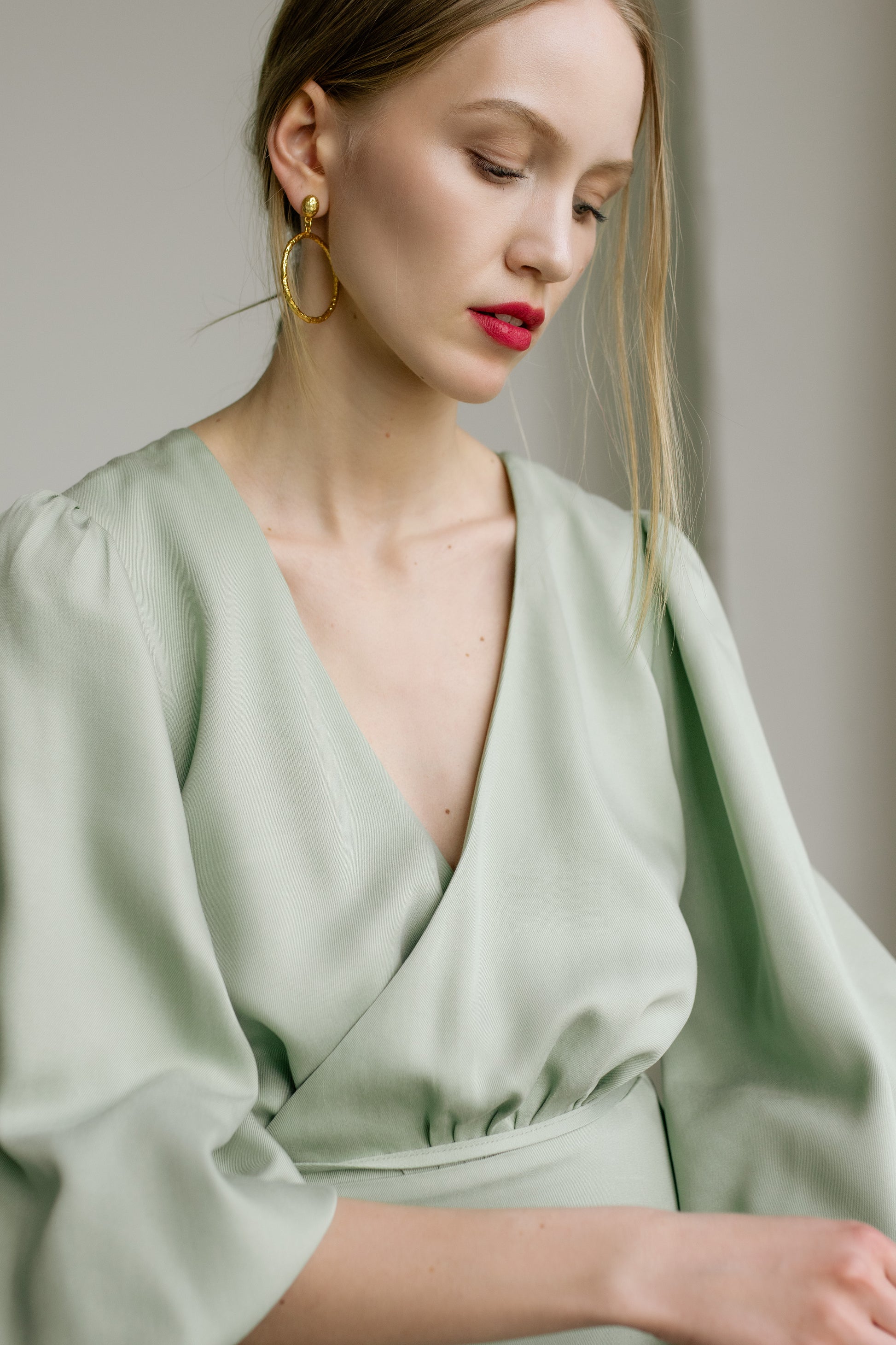 MELODIE BALLOON SLEEVE TENCEL MIDI WRAP DRESS - MINT GREEN Birds of Milla MELODIE BALLOON SLEEVE TENCEL MIDI WRAP DRESS - MINT GREEN Birds of Milla
