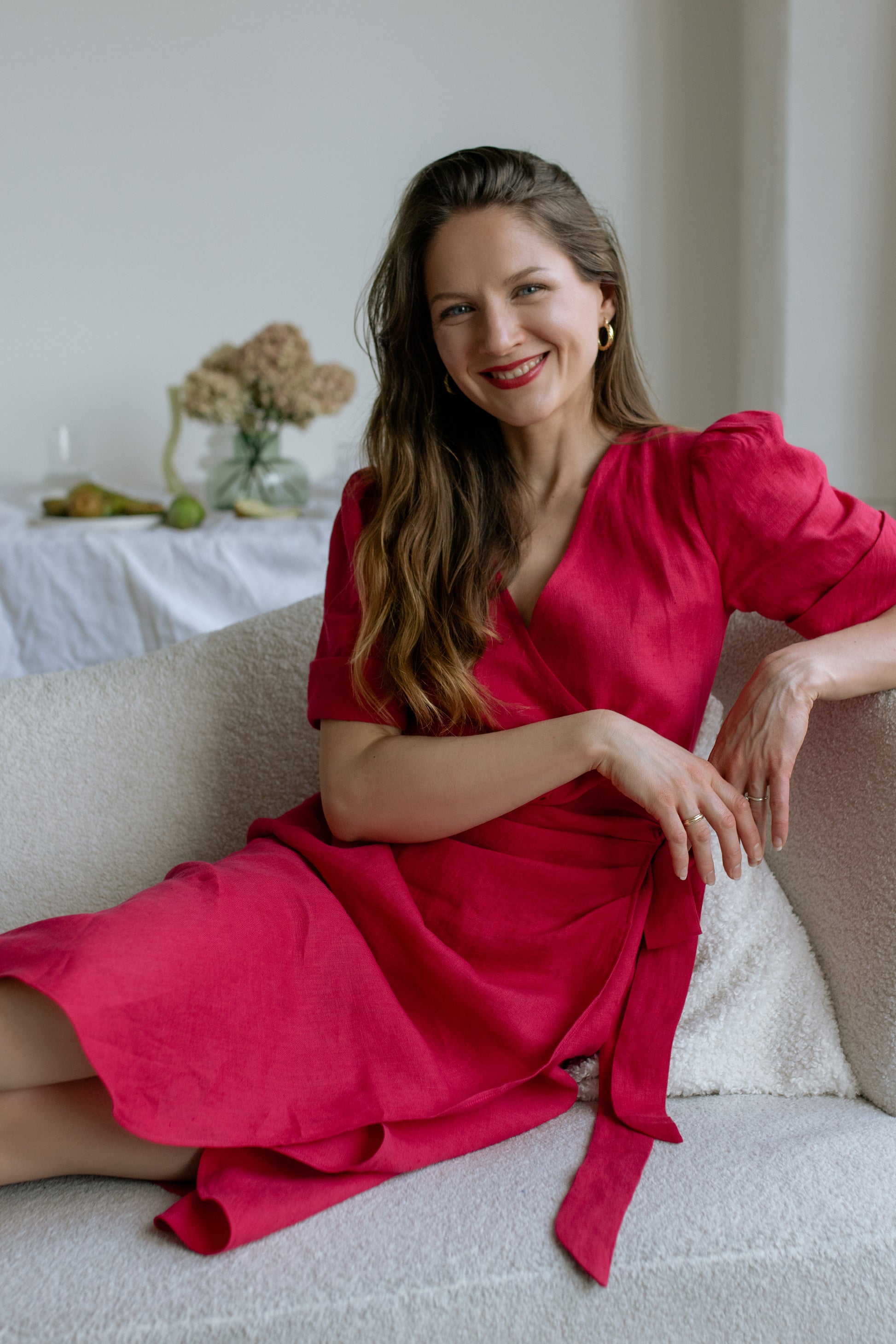 FLORA WRAP LINEN MIDI DRESS - HOT PINK Birds of Milla FLORA WRAP LINEN MIDI DRESS - HOT PINK Birds of Milla