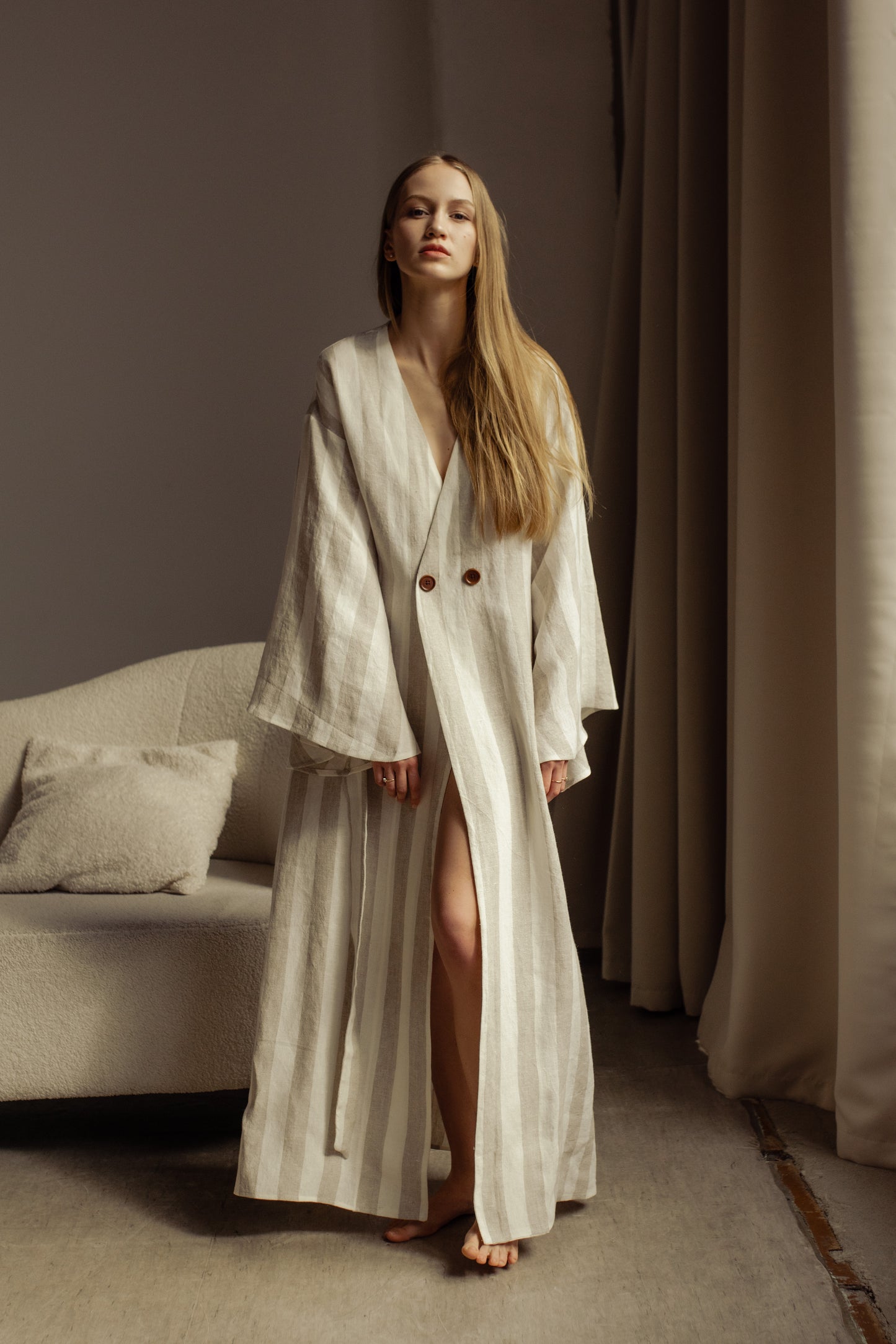 GRACE LINEN MAXI ROBE WITH BUTTONS - STRIPE