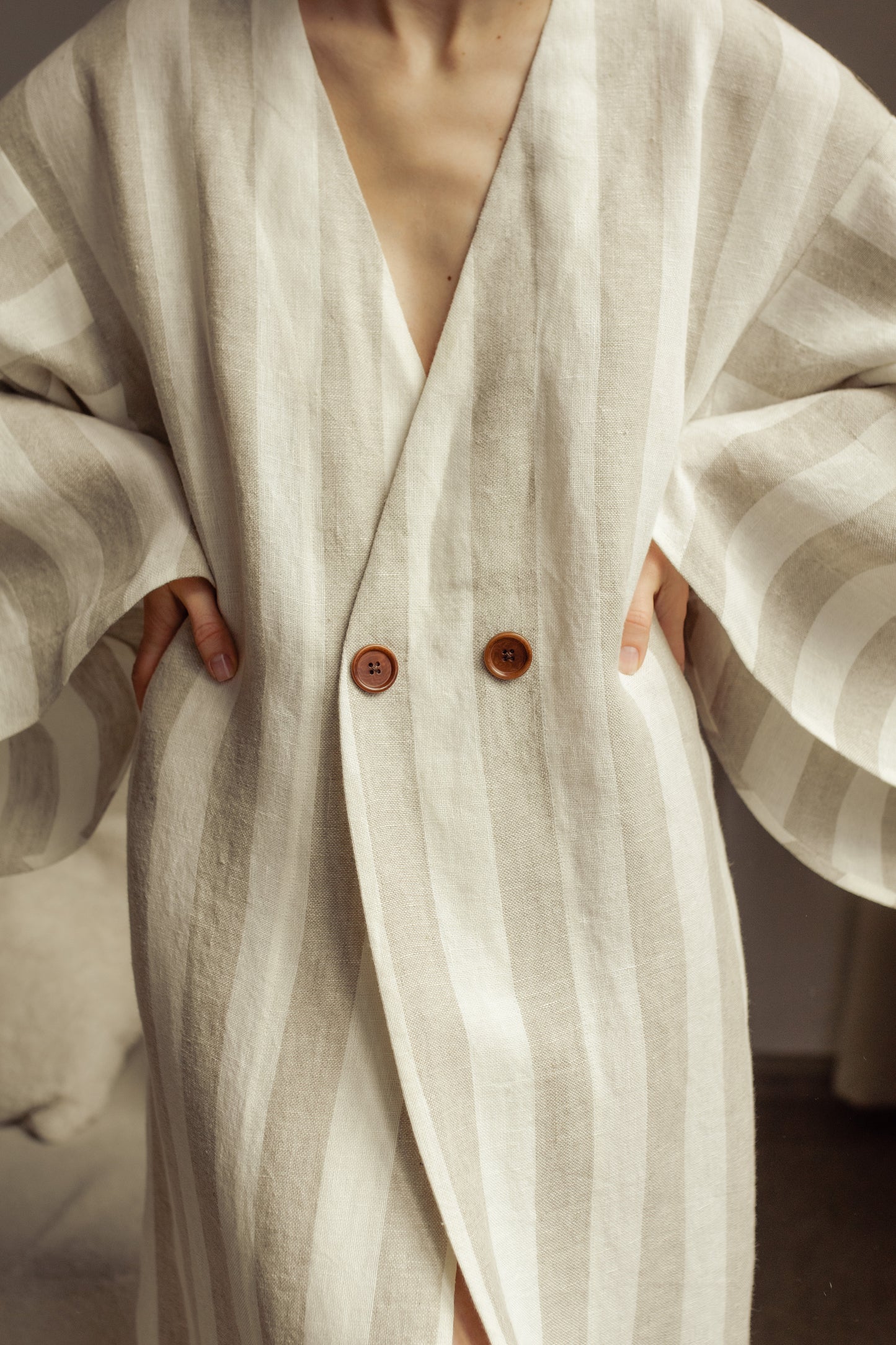 GRACE LINEN MAXI ROBE WITH BUTTONS - STRIPE