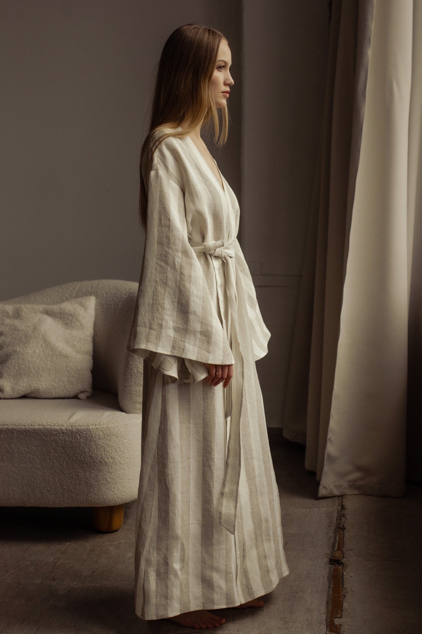 GRACE LINEN MAXI ROBE WITH BUTTONS - STRIPE