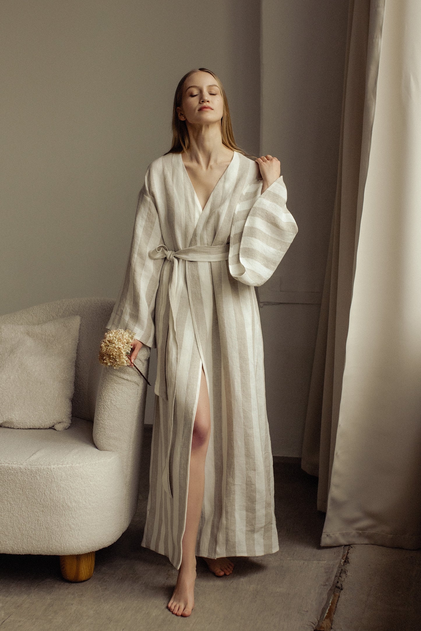 GRACE LINEN MAXI ROBE WITH BUTTONS - STRIPE