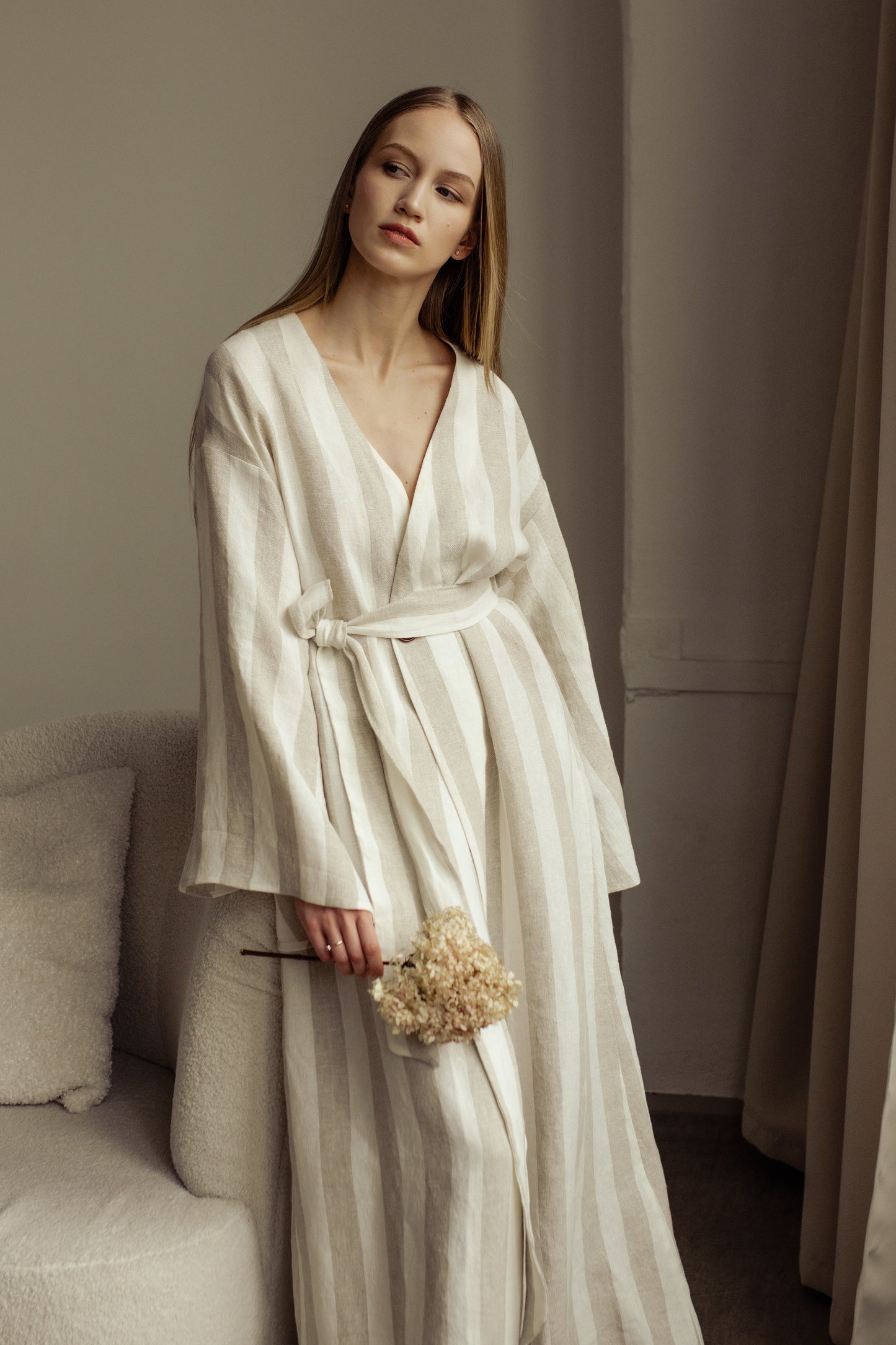 GRACE LINEN MAXI ROBE WITH BUTTONS - STRIPE