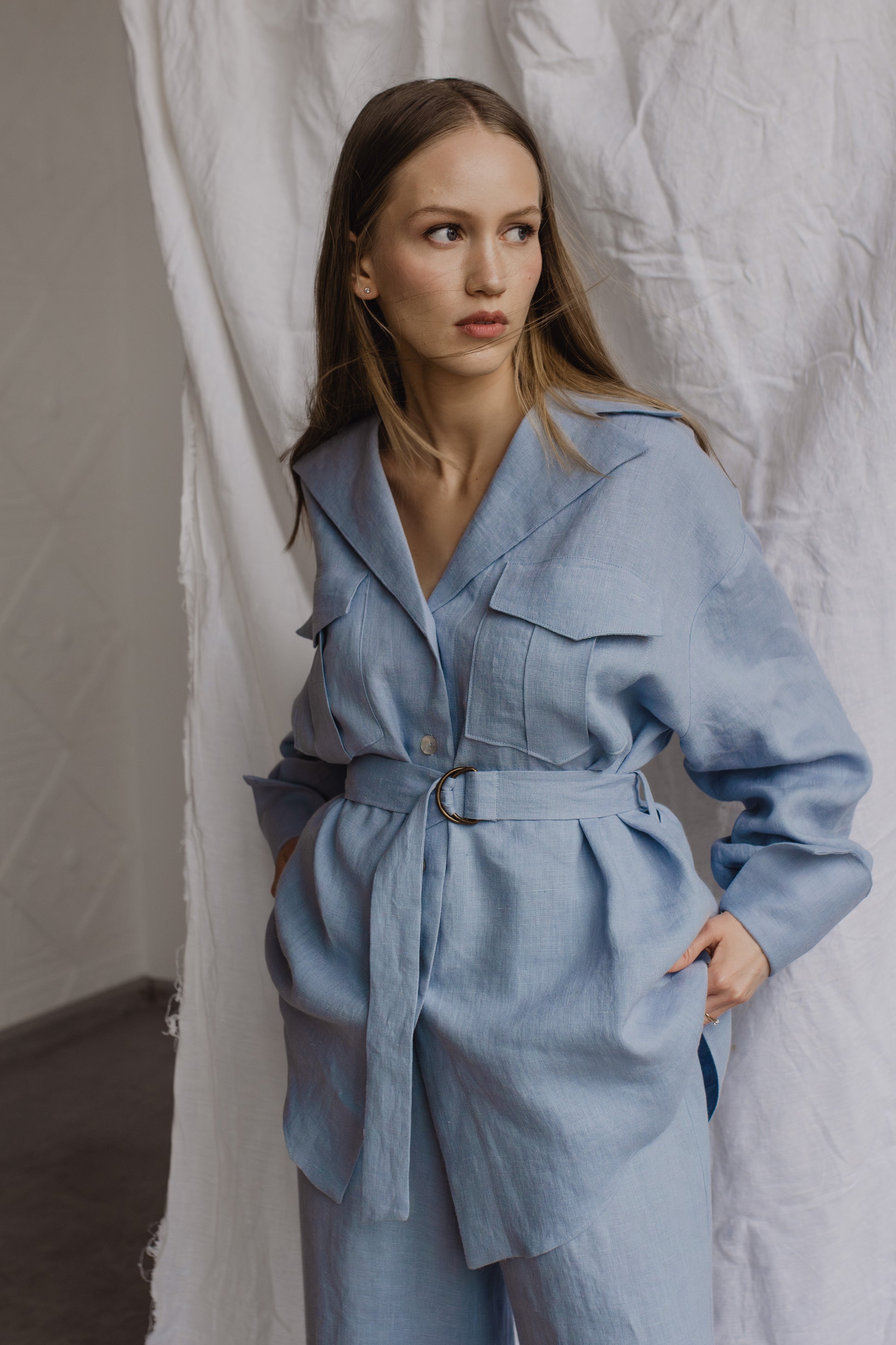 GABRIELLE LINEN SHIRT WITH BELT - LIGHT BLUE