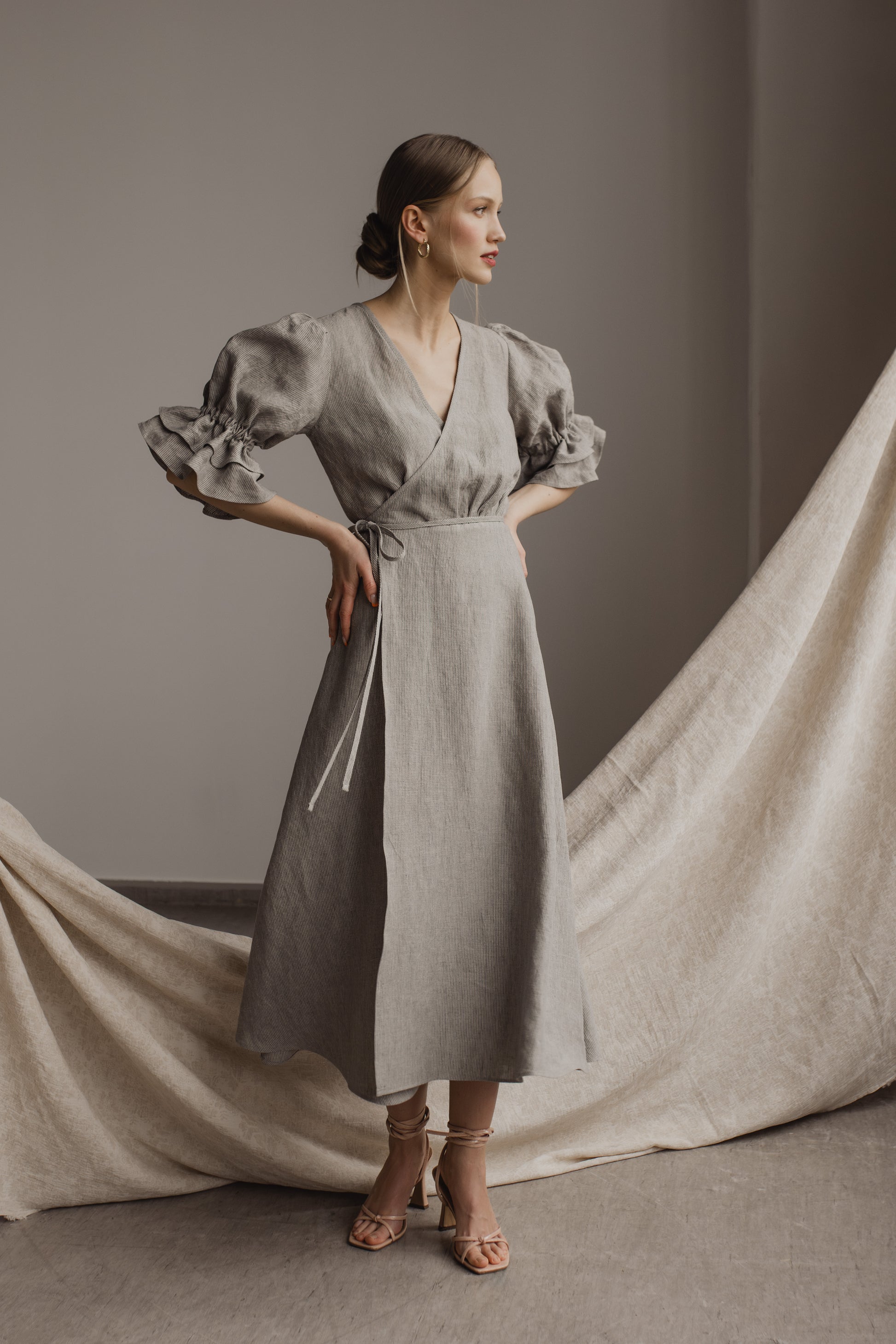 CECILIA PRINT LINEN WRAP MIDI DRESS - KHAKI STRIPE Birds of Milla CECILIA PRINT LINEN WRAP MIDI DRESS - KHAKI STRIPE Birds of Milla