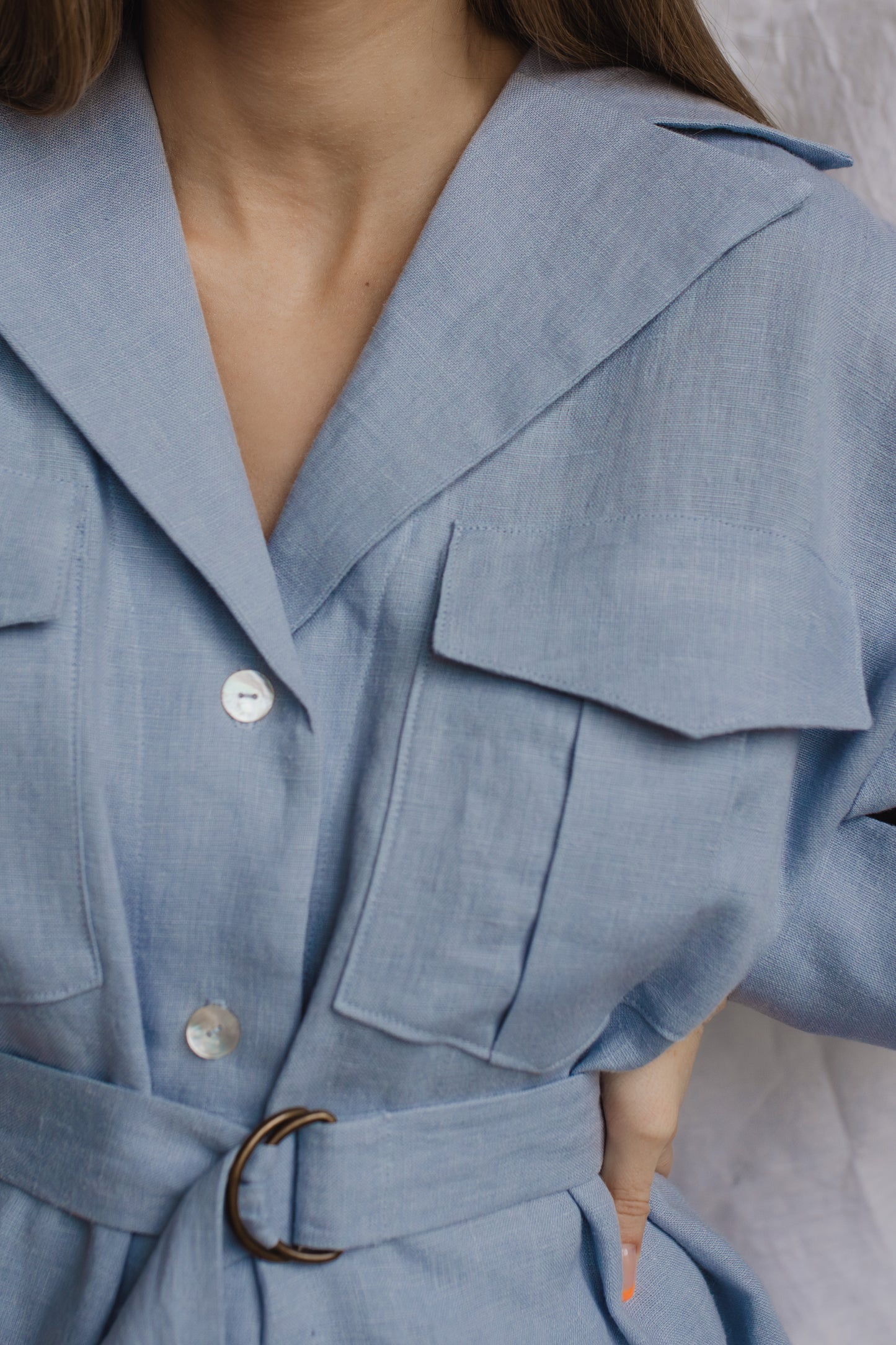 GABRIELLE LINEN SHIRT WITH BELT - LIGHT BLUE