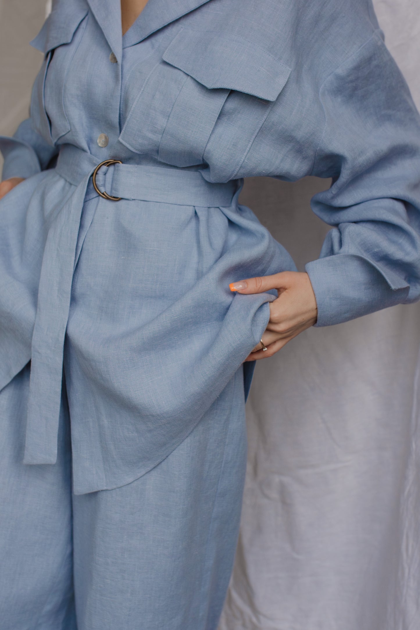 GABRIELLE LINEN SHIRT WITH BELT - LIGHT BLUE