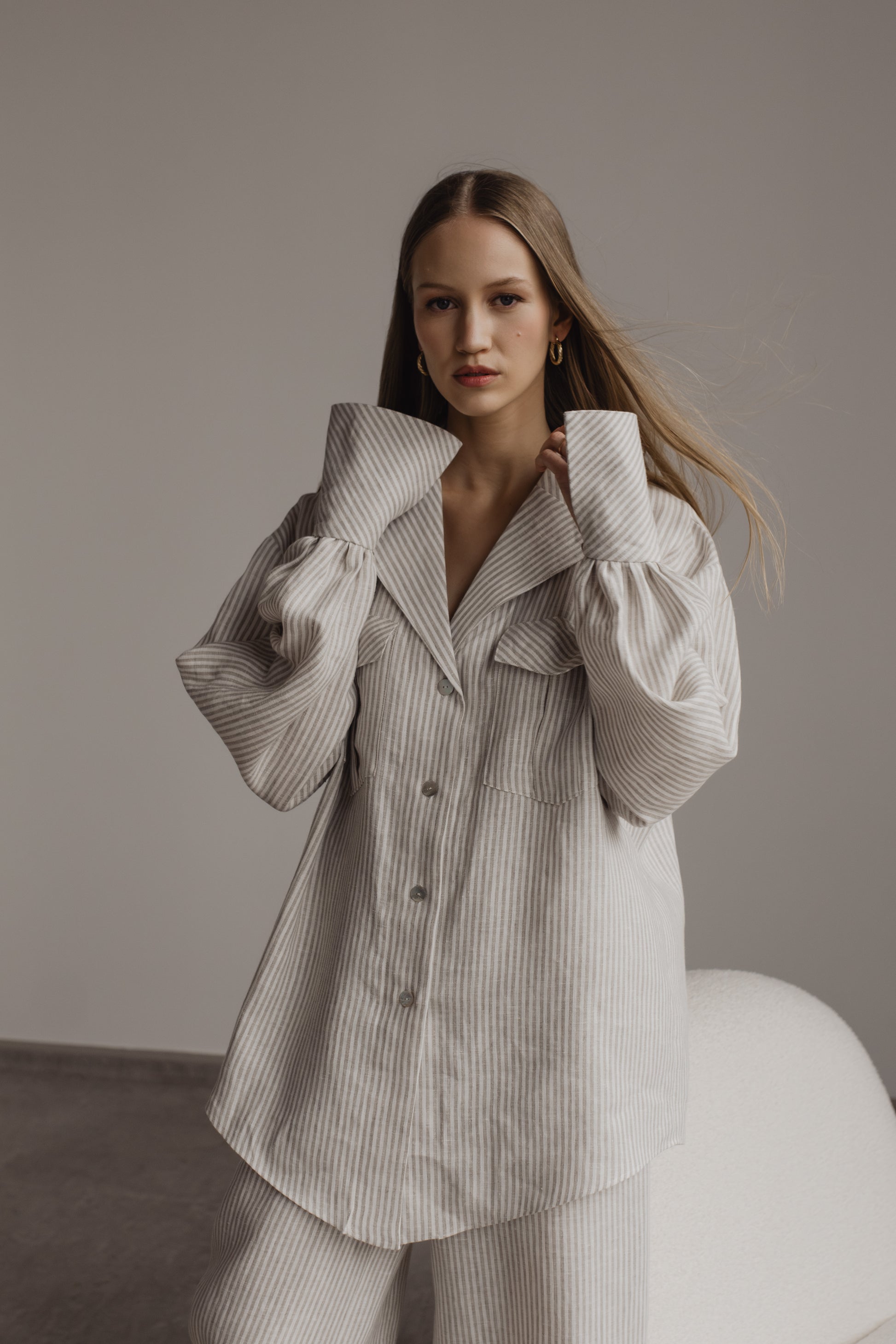 GABRIELLE LINEN SHIRT WITH BELT - STRIPE