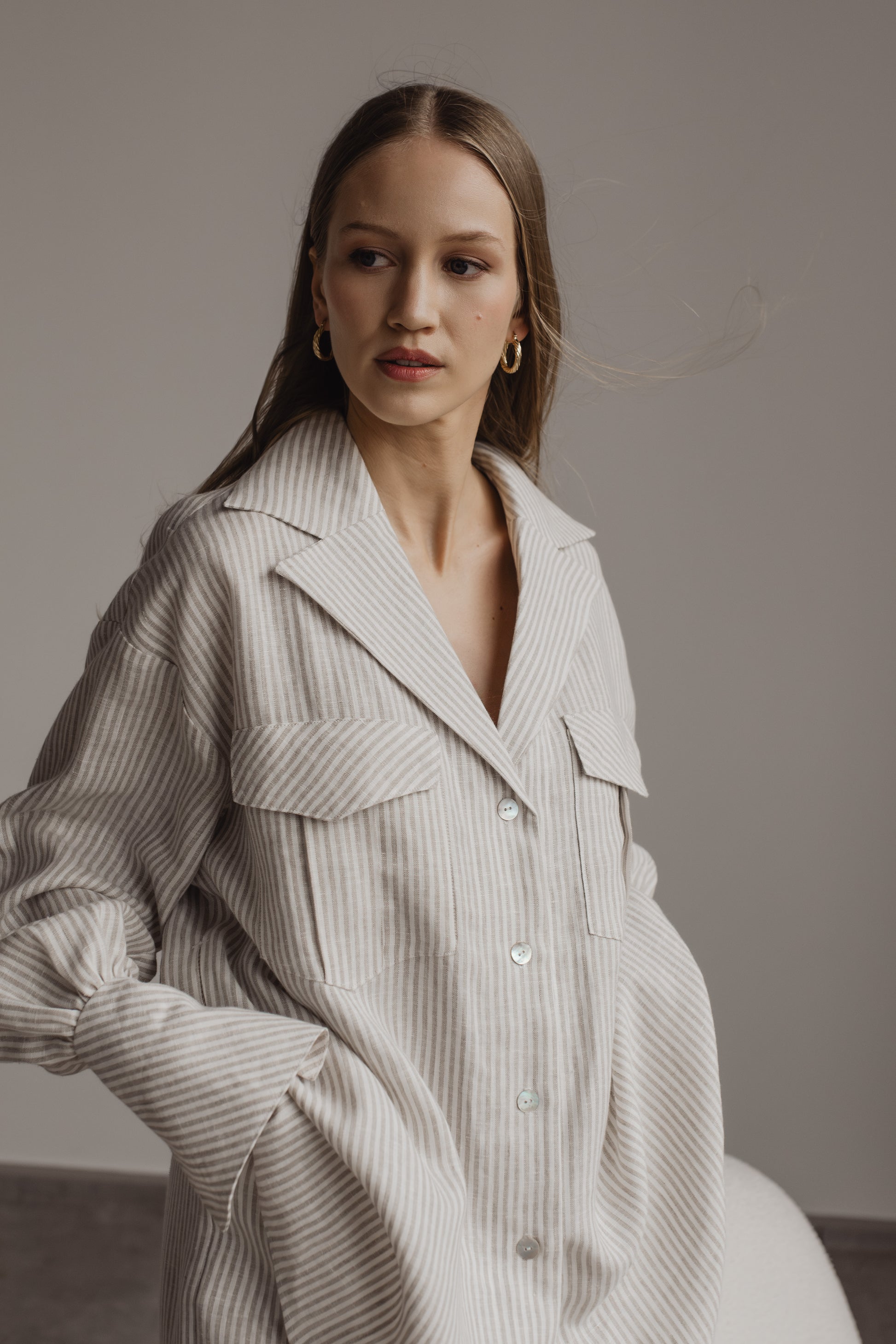 GABRIELLE LINEN SHIRT WITH BELT - STRIPE