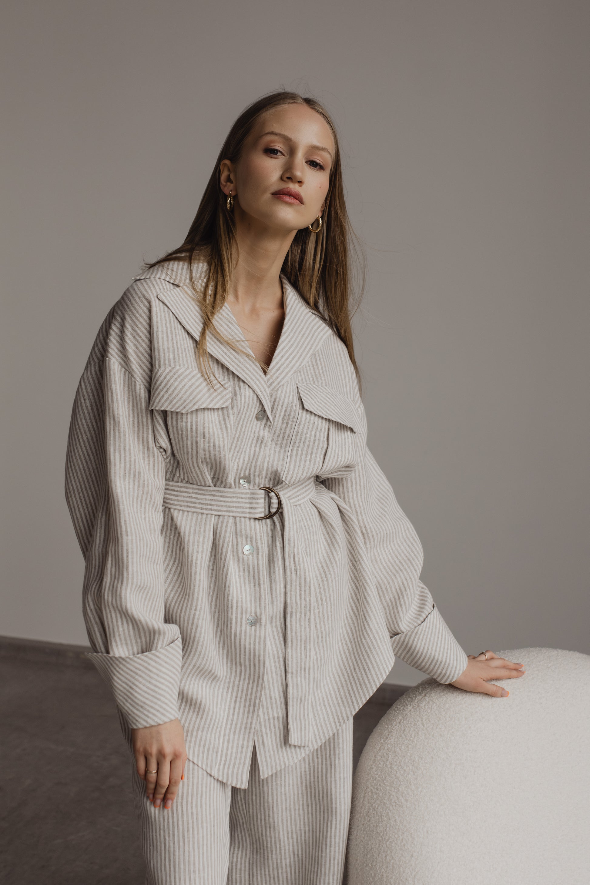 GABRIELLE LINEN SHIRT WITH BELT - STRIPE