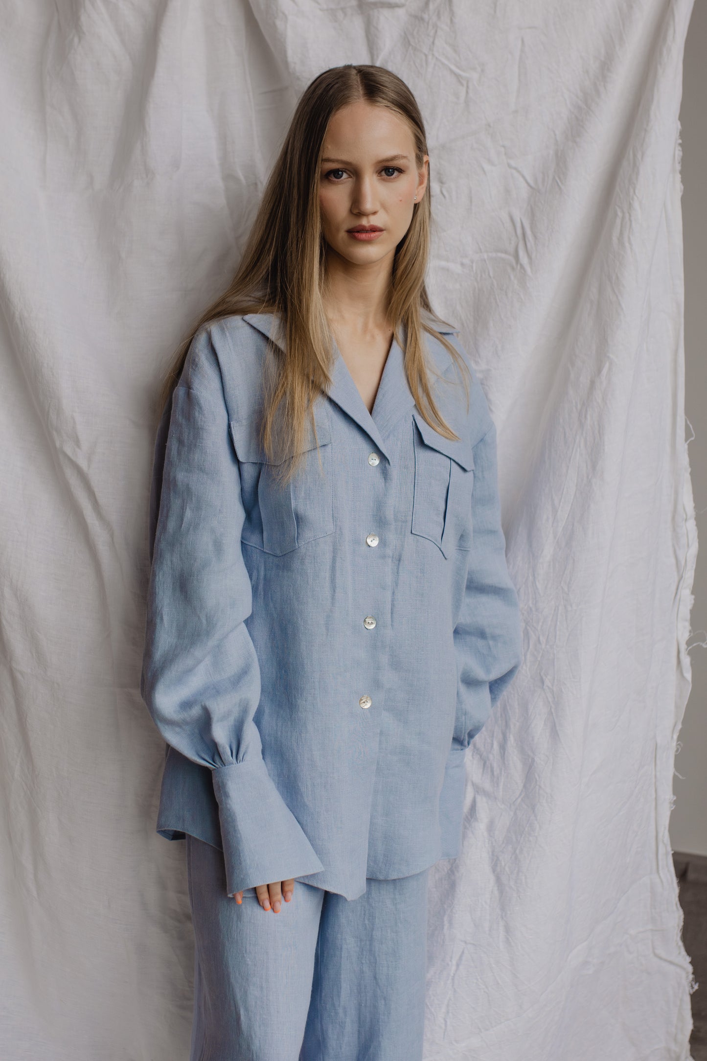 GABRIELLE LINEN SHIRT WITH BELT - LIGHT BLUE