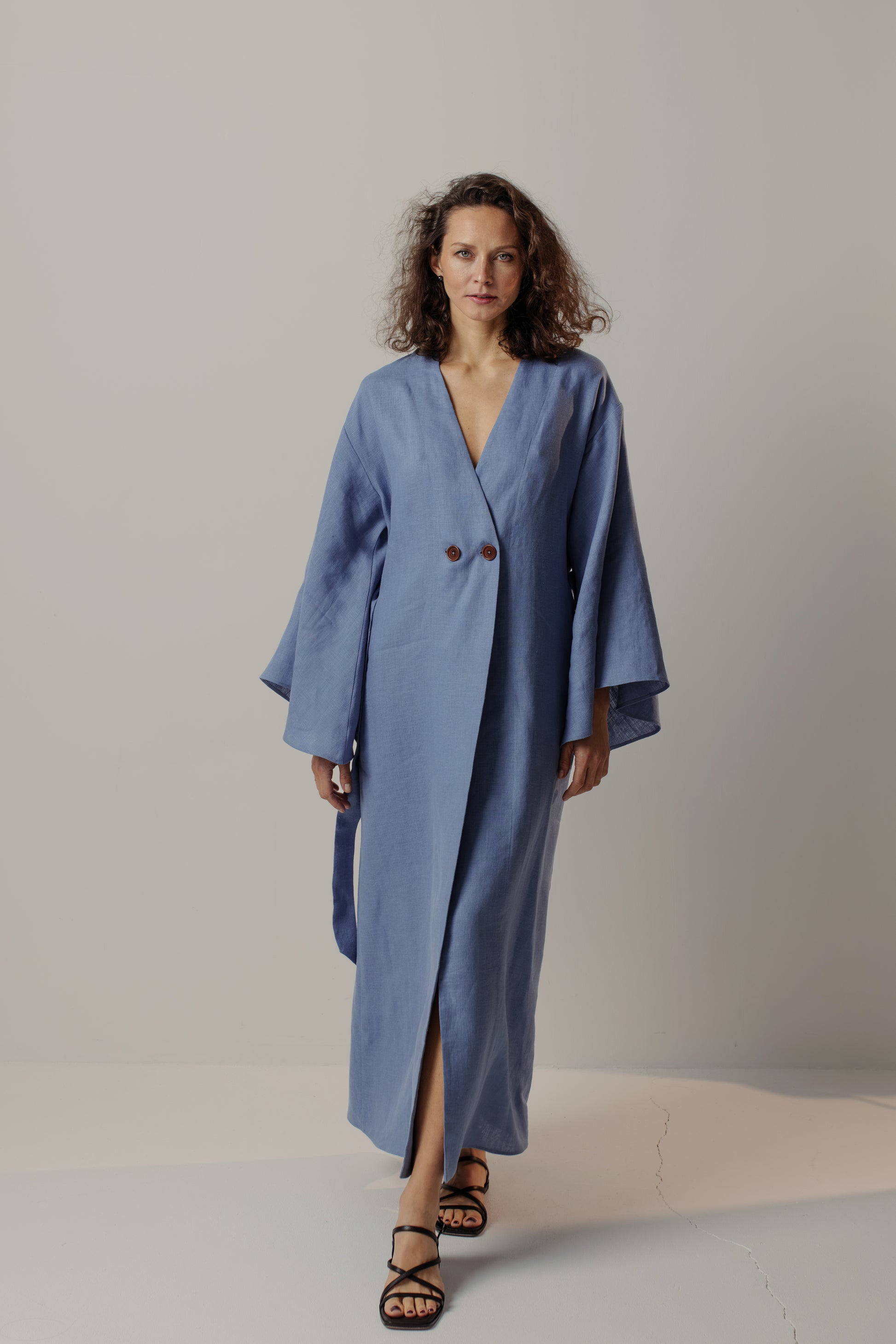 GRACE LINEN MAXI ROBE WITH BUTTONS - BLUE