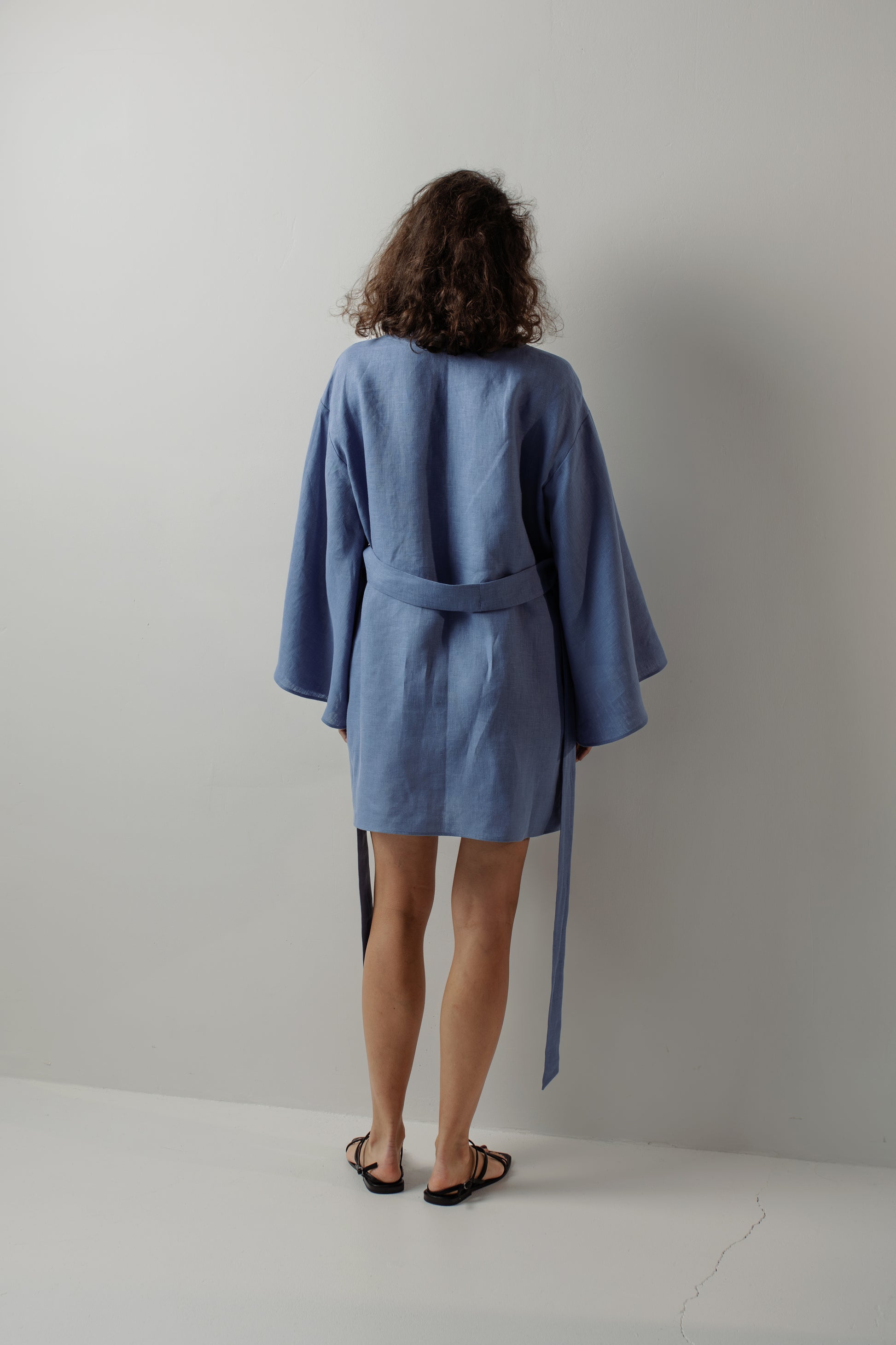 GRACE LINEN MINI ROBE WITH BUTTONS - BLUE