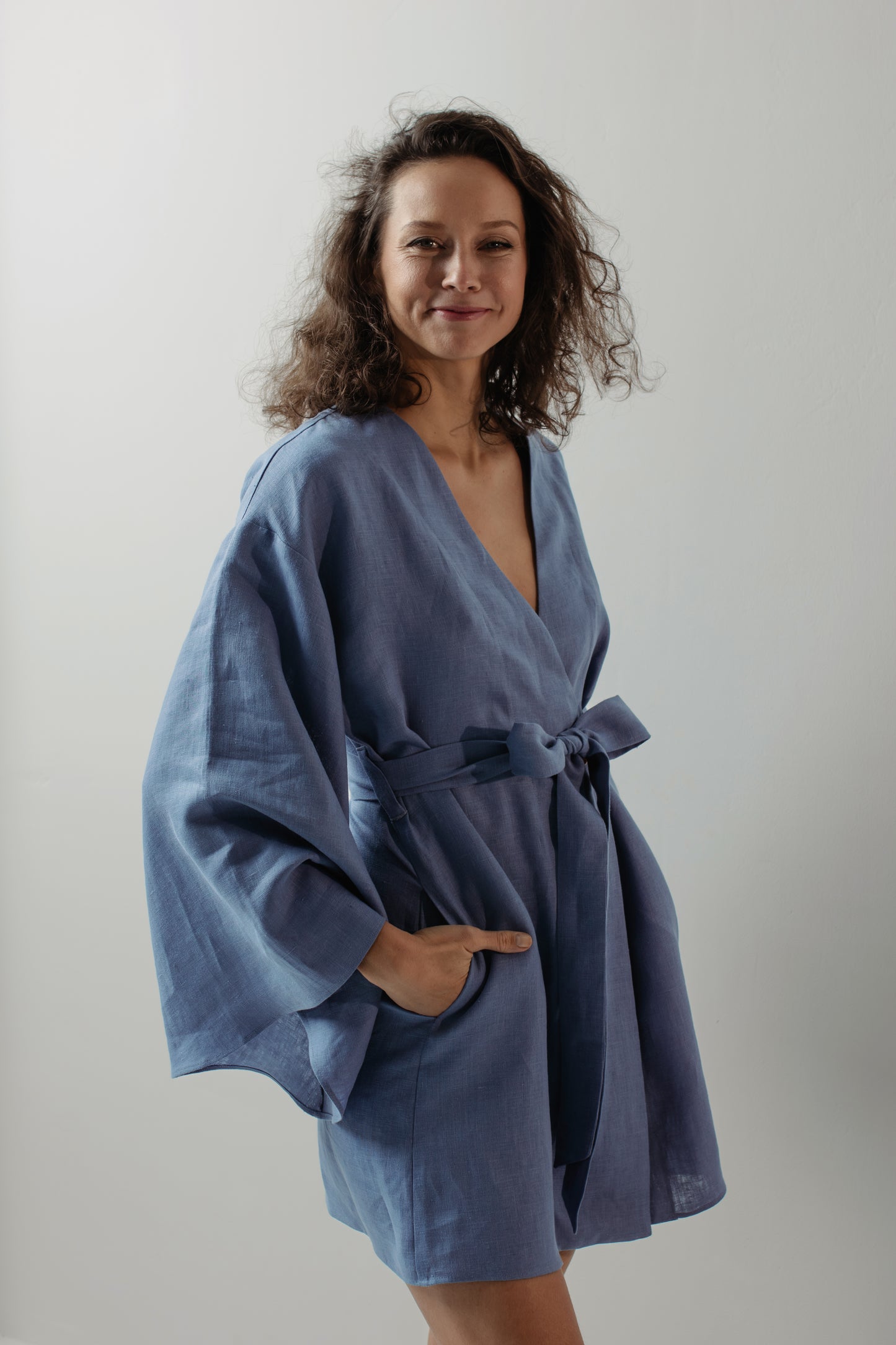 GRACE LINEN MINI ROBE WITH BUTTONS - BLUE