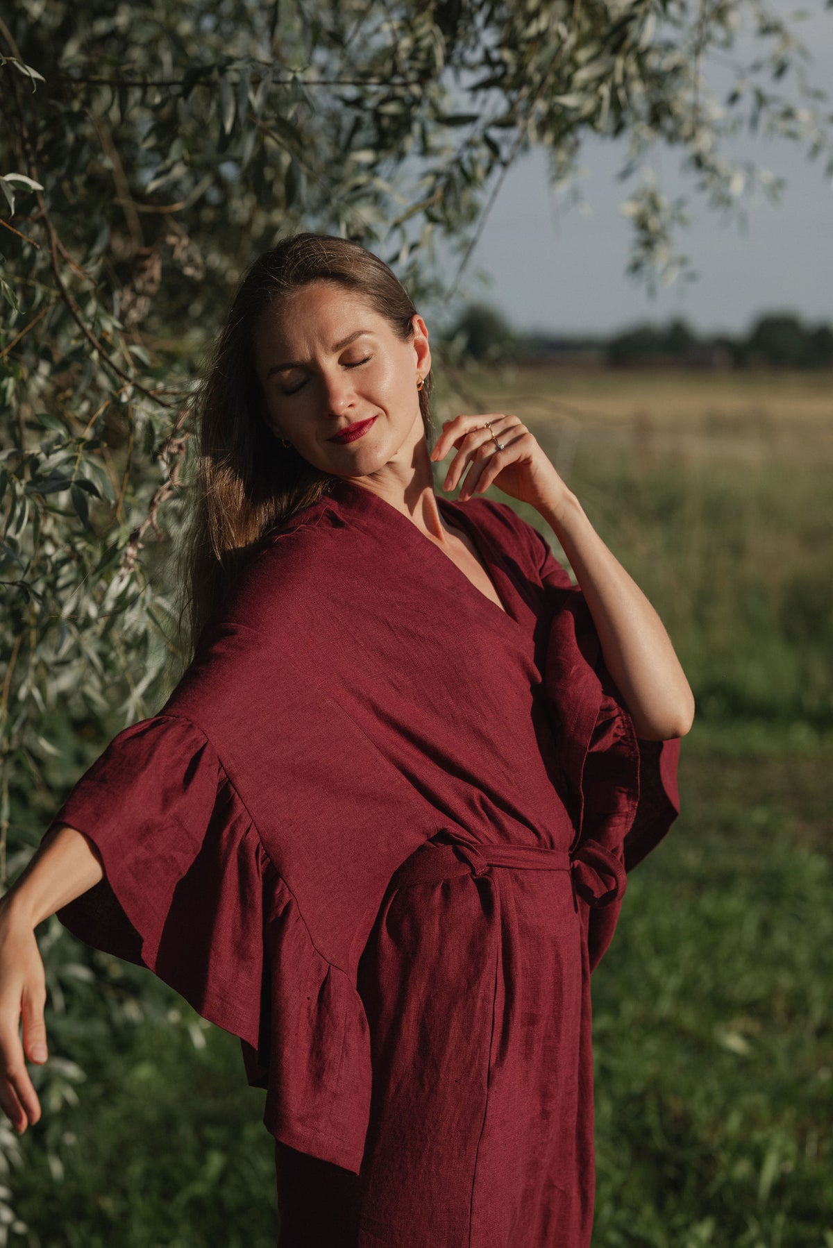BELLE RUFFLE SLEEVE LINEN MAXI ROBE - BURGUNDY
