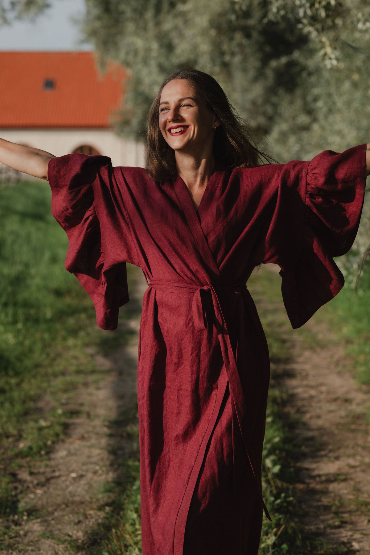 BELLE RUFFLE SLEEVE LINEN MAXI ROBE - BURGUNDY