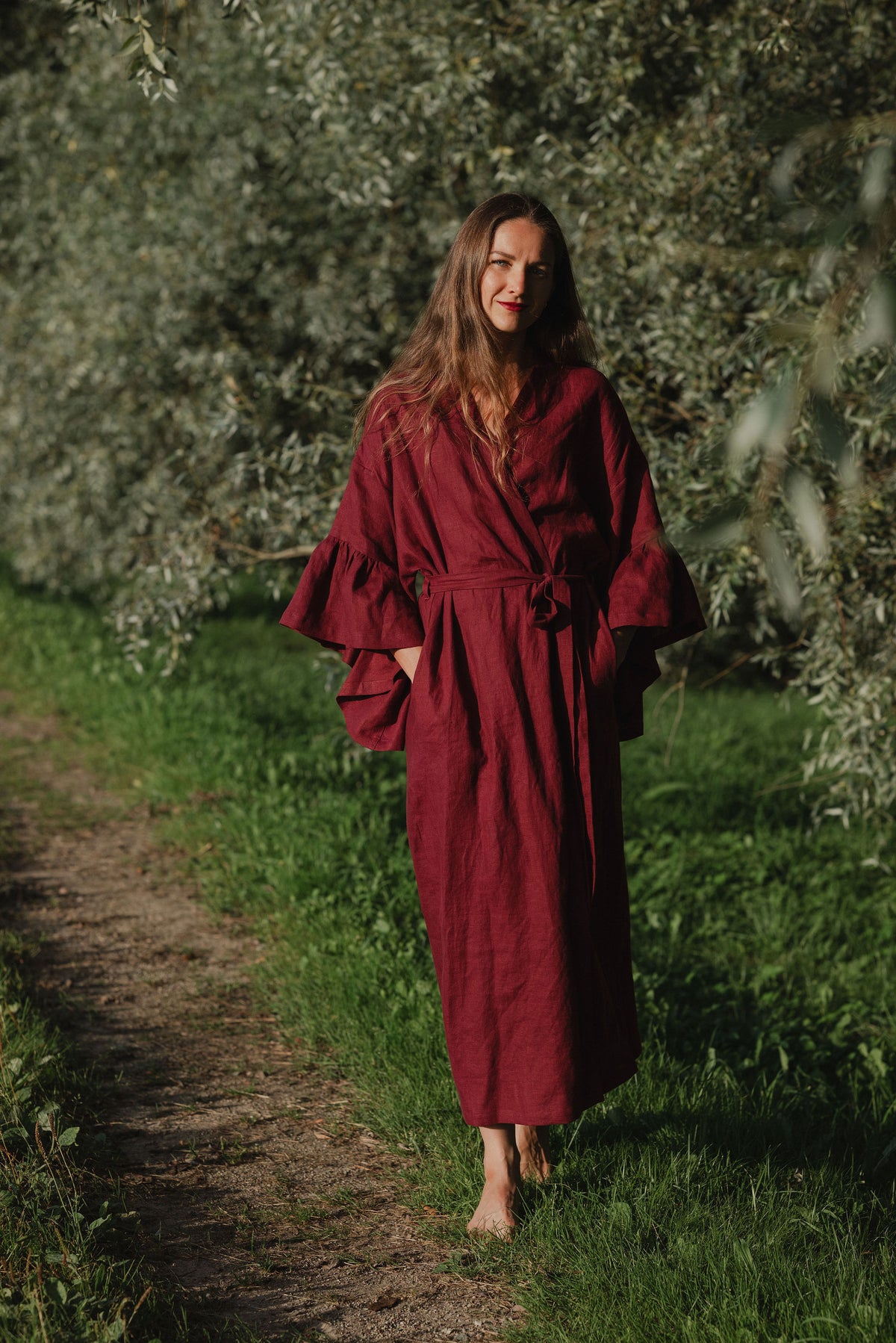 BELLE RUFFLE SLEEVE LINEN MAXI ROBE - BURGUNDY