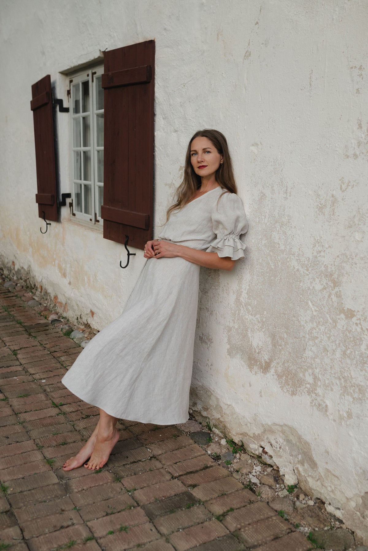 CECILIA PRINT LINEN WRAP MIDI DRESS - SAND STRIPE