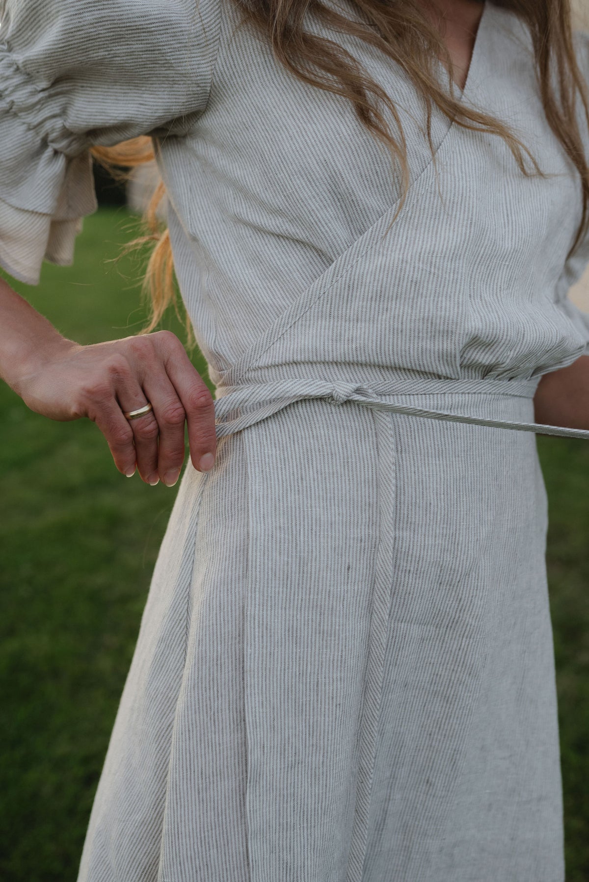 CECILIA PRINT LINEN WRAP MIDI DRESS - SAND STRIPE