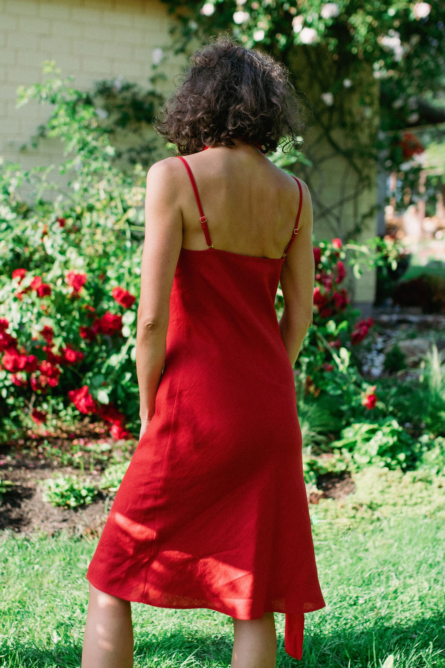 red linen slip dress
